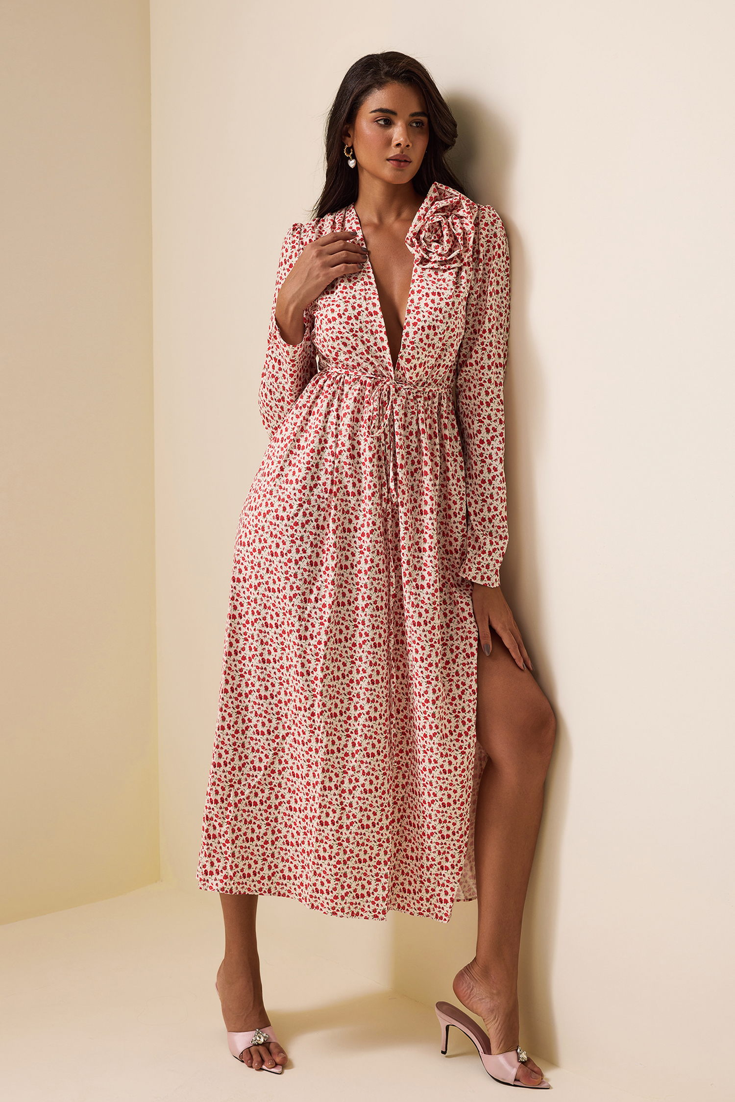 3D Floral Long Sleeve Split Midi Dress