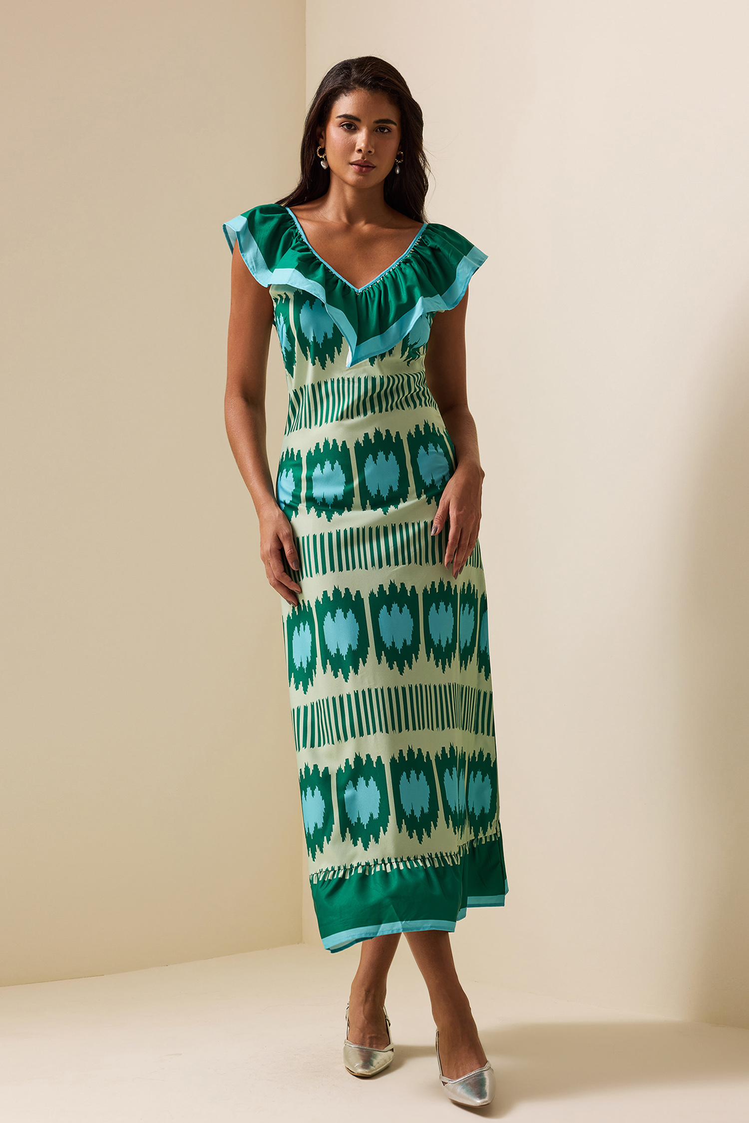 V-Neck Ruffle Sleeveless Maxi Dress