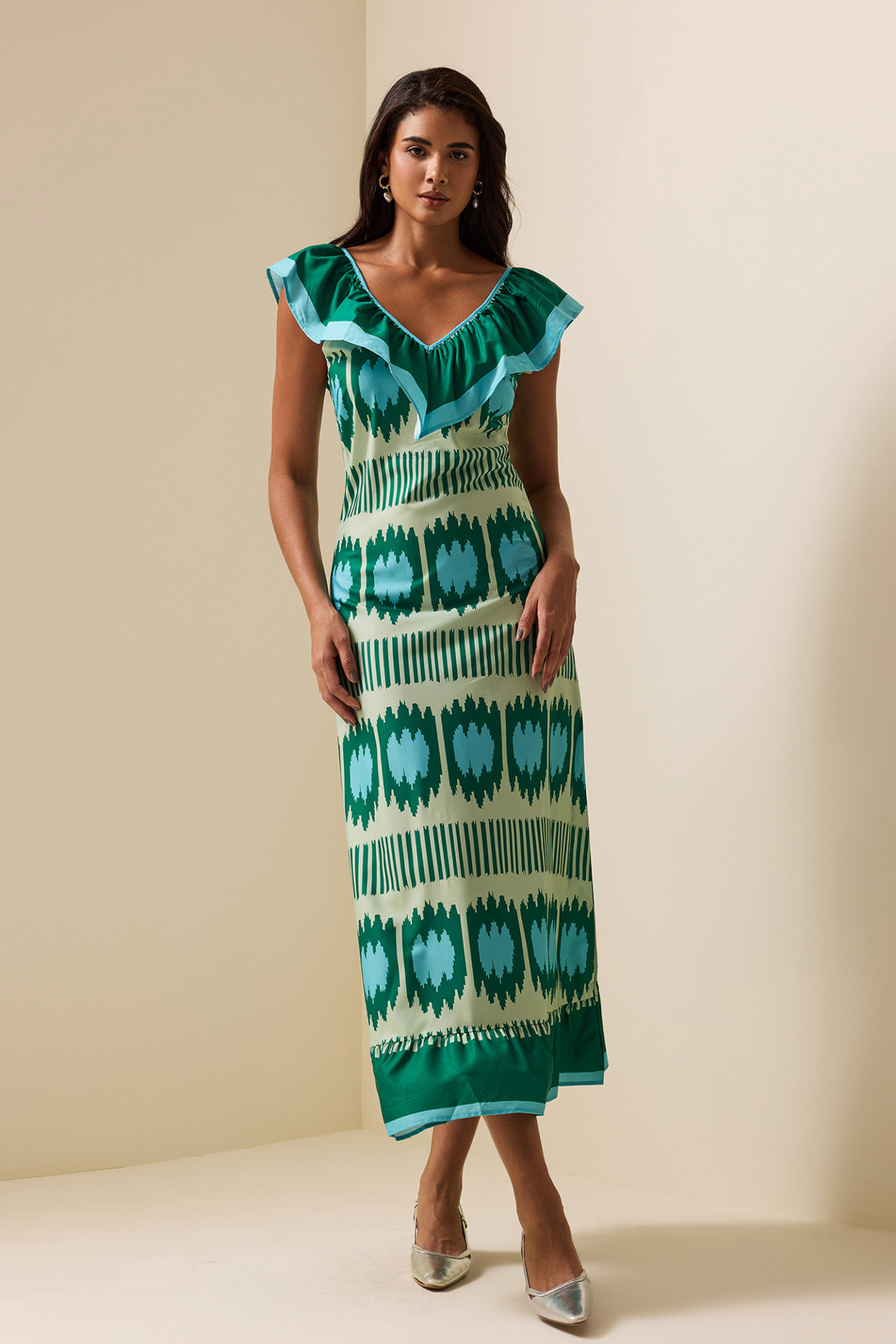 V-Neck Ruffle Sleeveless Maxi Dress