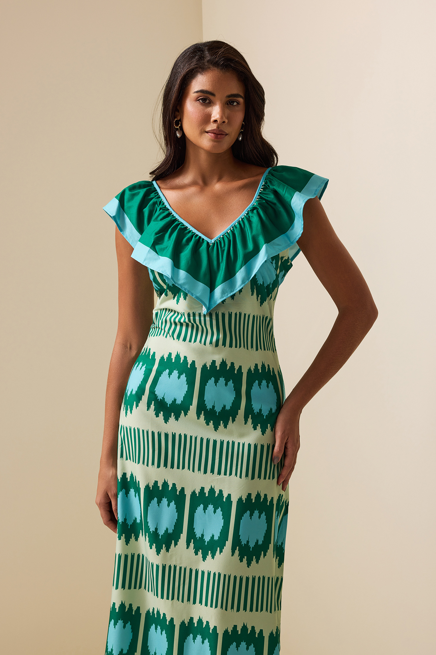 V-Neck Ruffle Sleeveless Maxi Dress