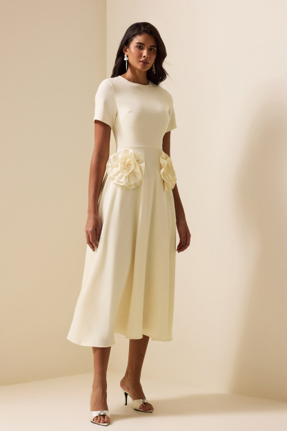 3D Floral Round Neck Short Sleeve Midi Dress White