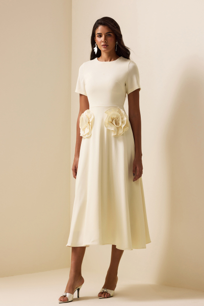 3D Floral Round Neck Short Sleeve Midi Dress White