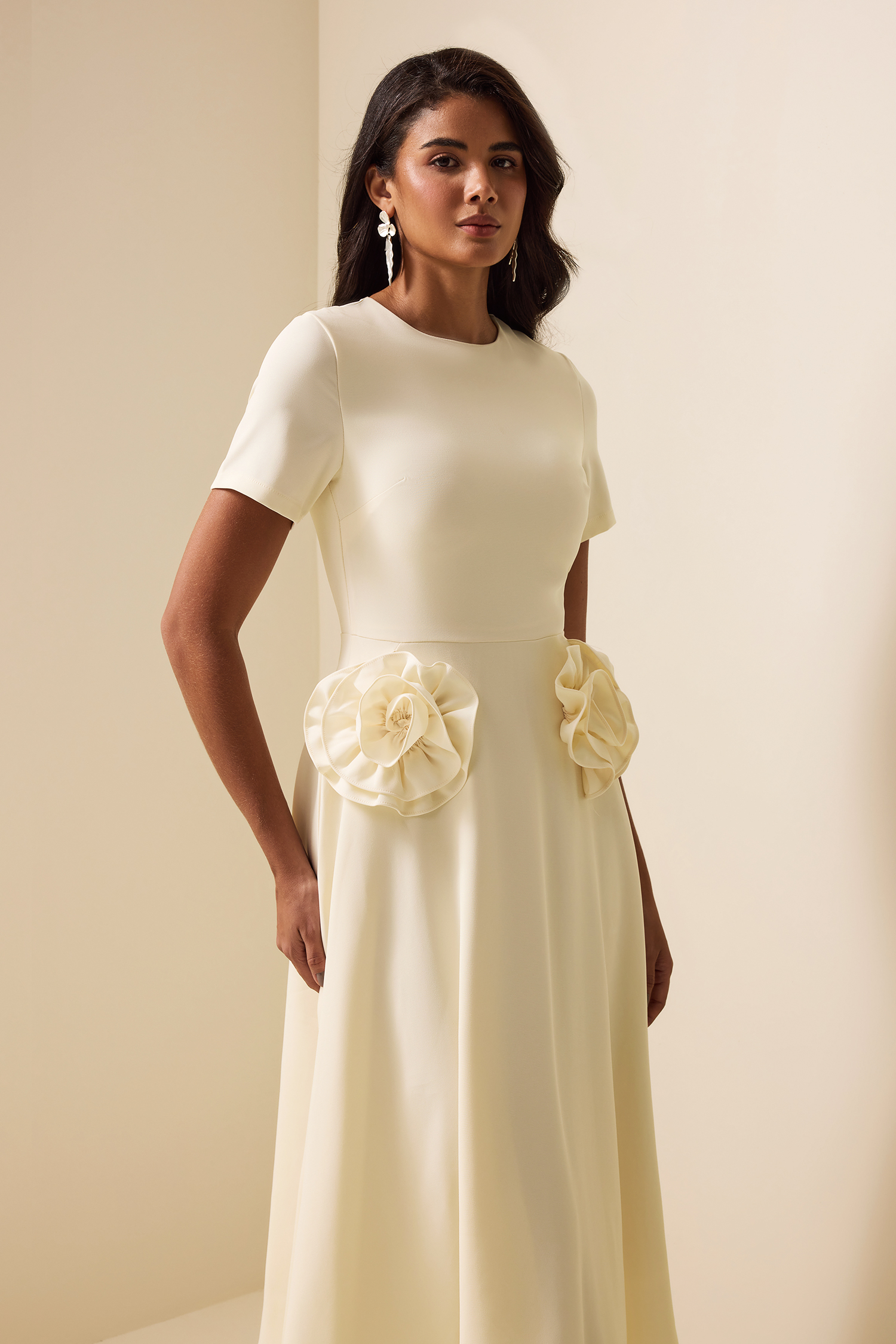 3D Floral Round Neck Short Sleeve Midi Dress White
