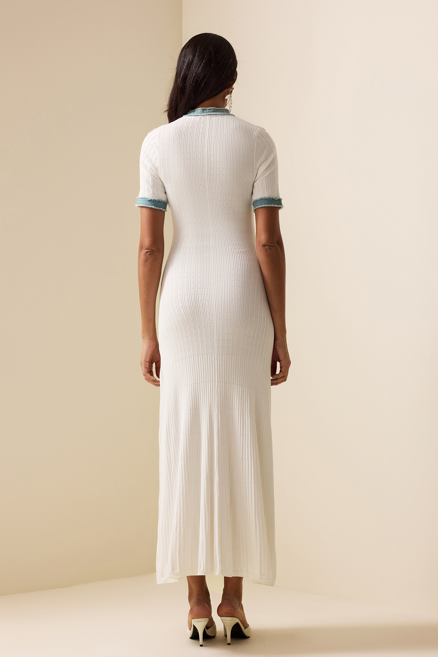 Knit Denim Contrast Color Midi Dress