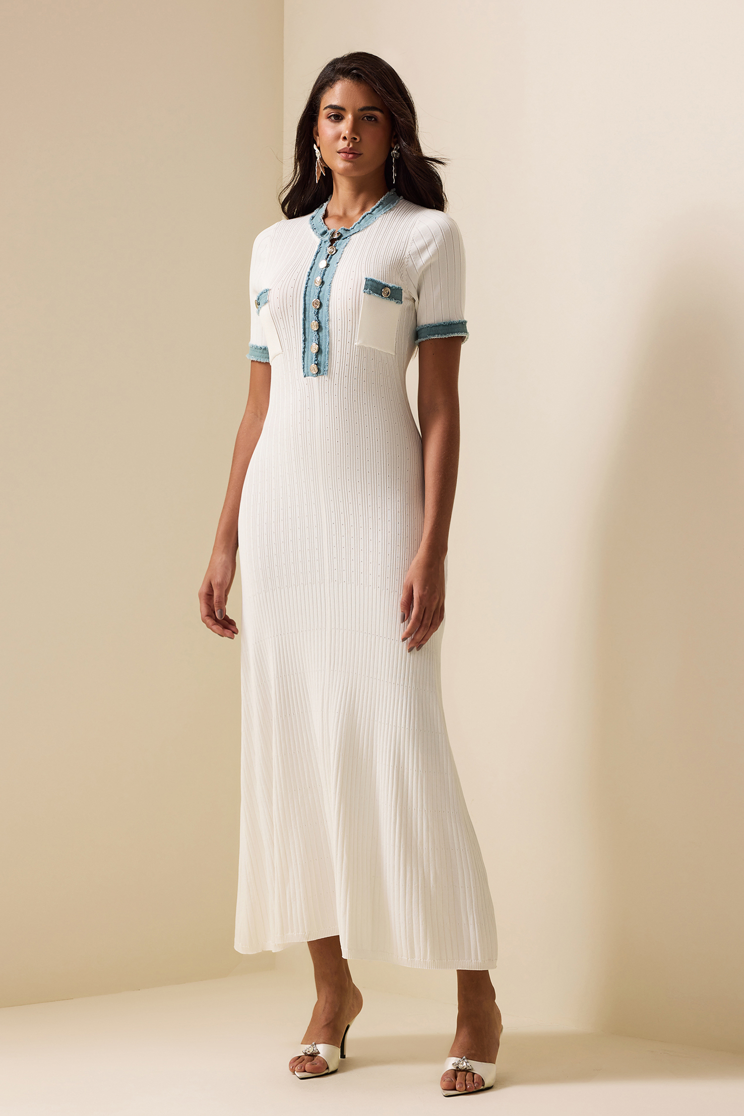 Knit Denim Contrast Color Midi Dress