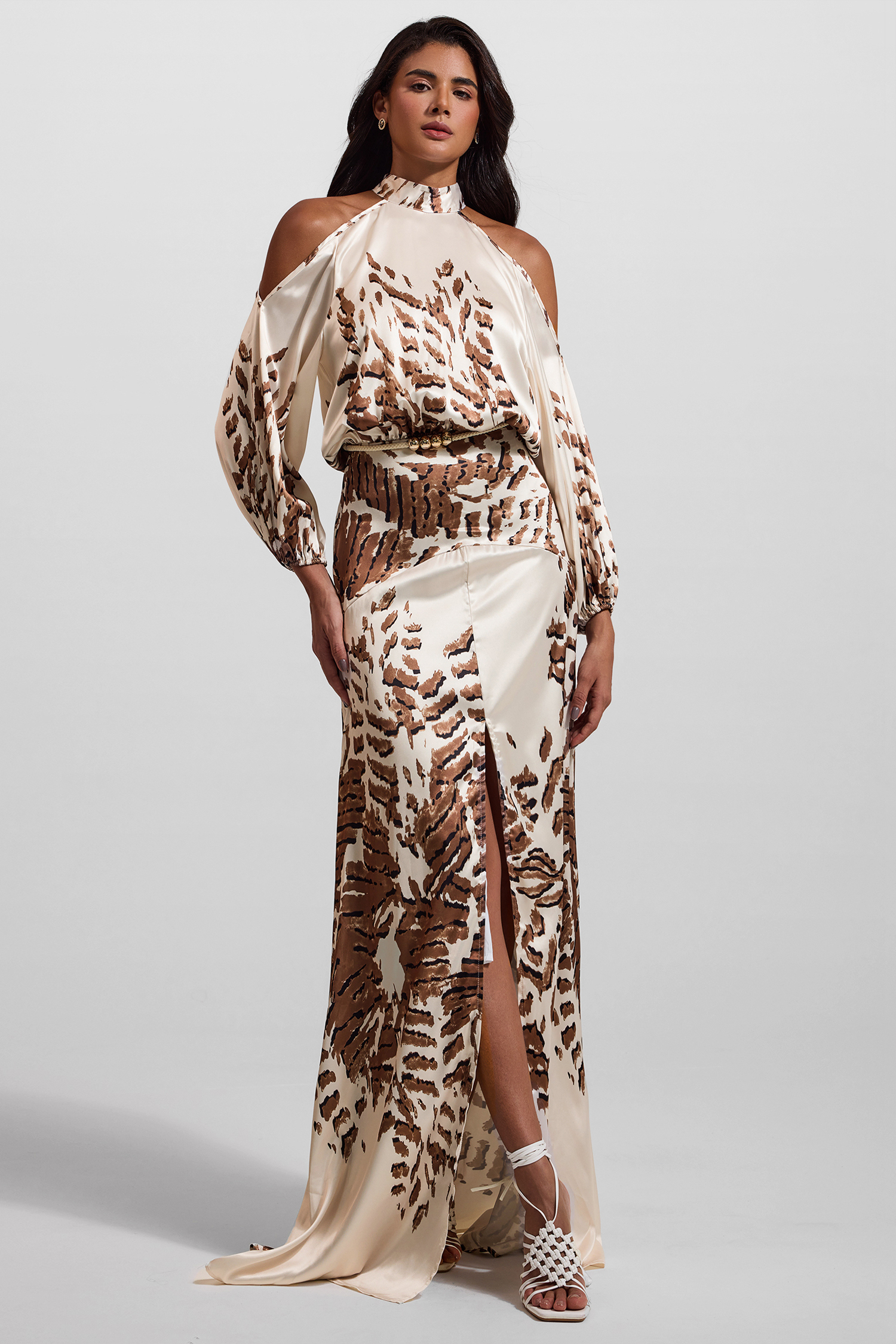 Abstract Print Cut-Out Puff Sleeve Maxi Dress