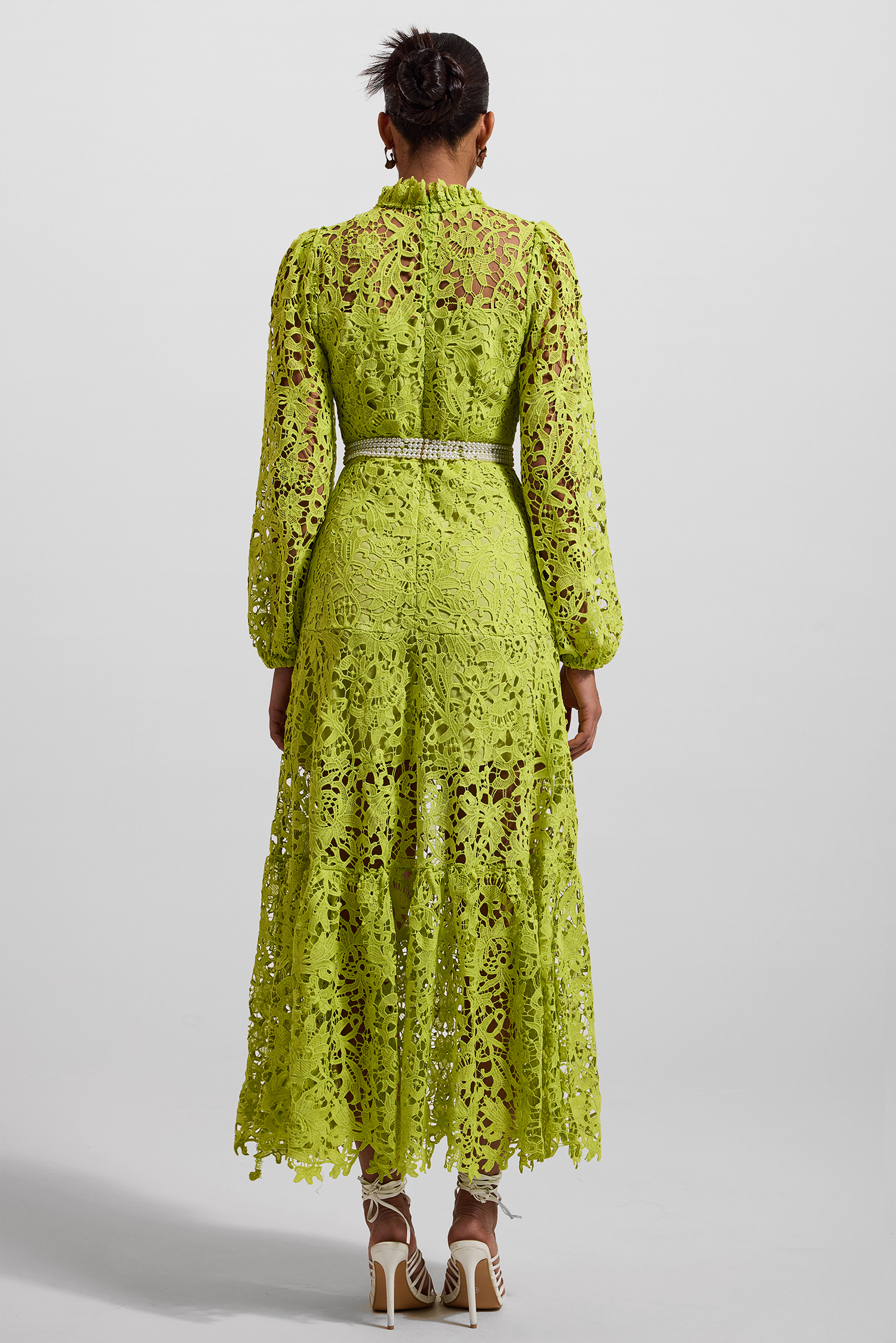 Lace Embroidered Long Sleeve Midi Dress Green