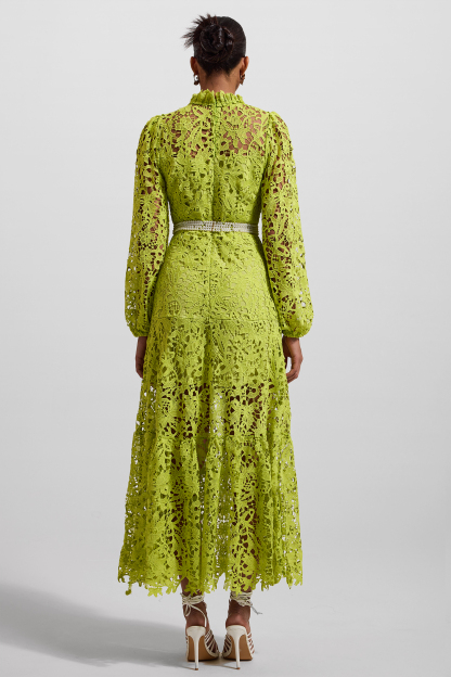 Lace Embroidered Long Sleeve Midi Dress Green