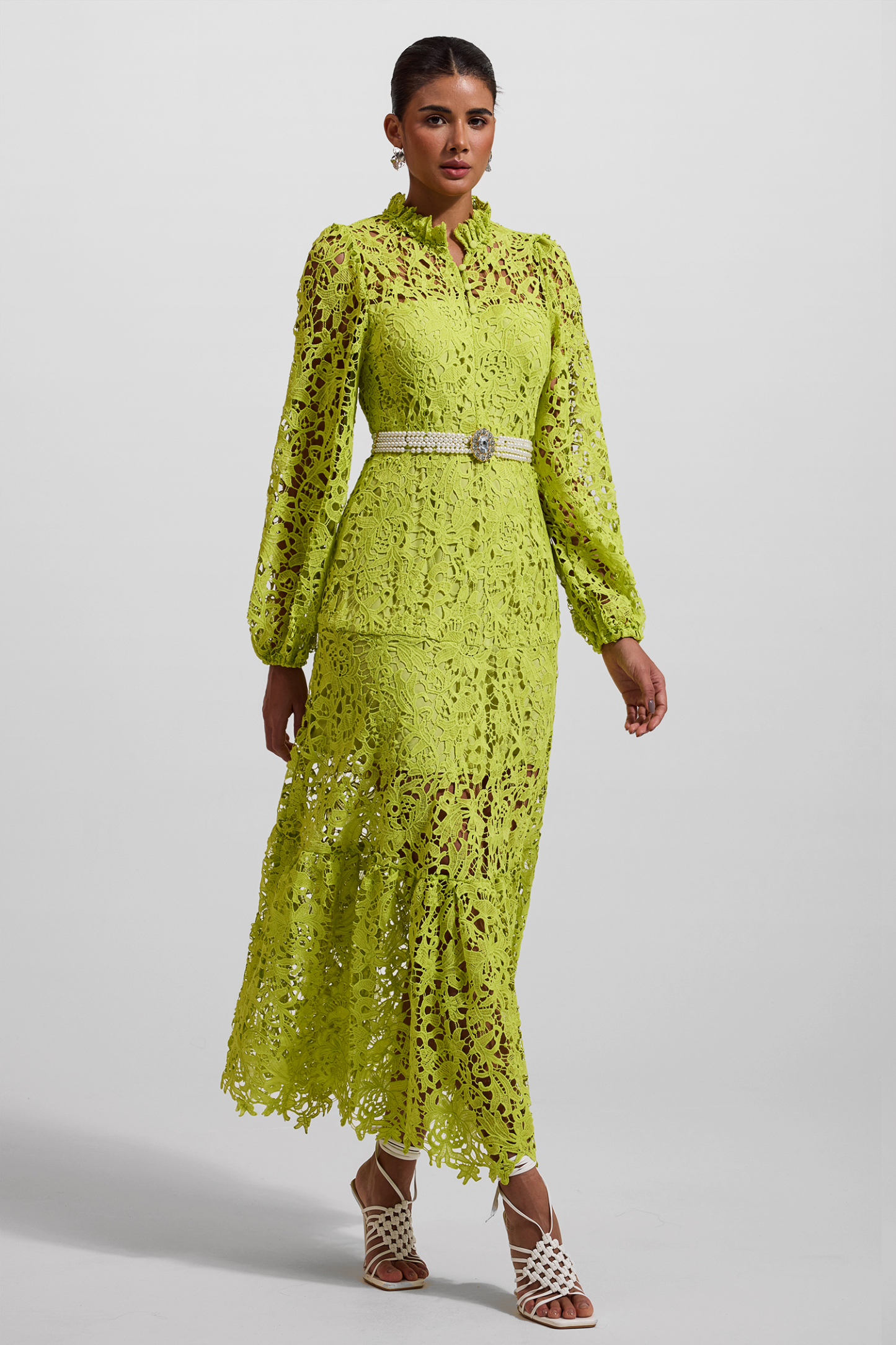 Lace Embroidered Long Sleeve Midi Dress Green