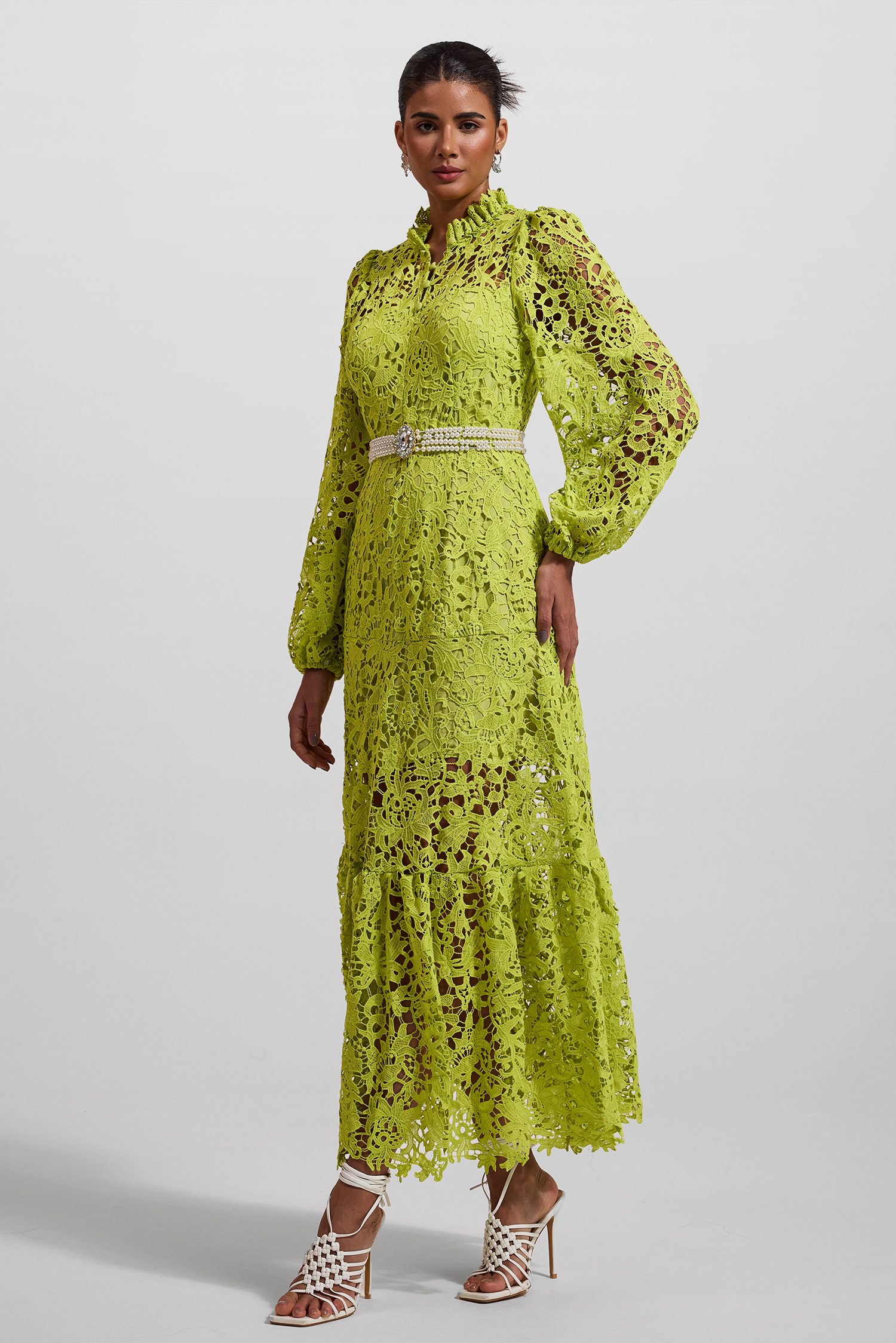 Lace Embroidered Long Sleeve Midi Dress Green