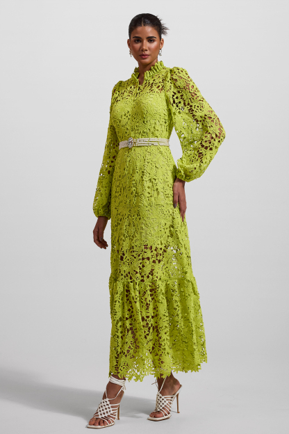 Lace Embroidered Long Sleeve Midi Dress Green