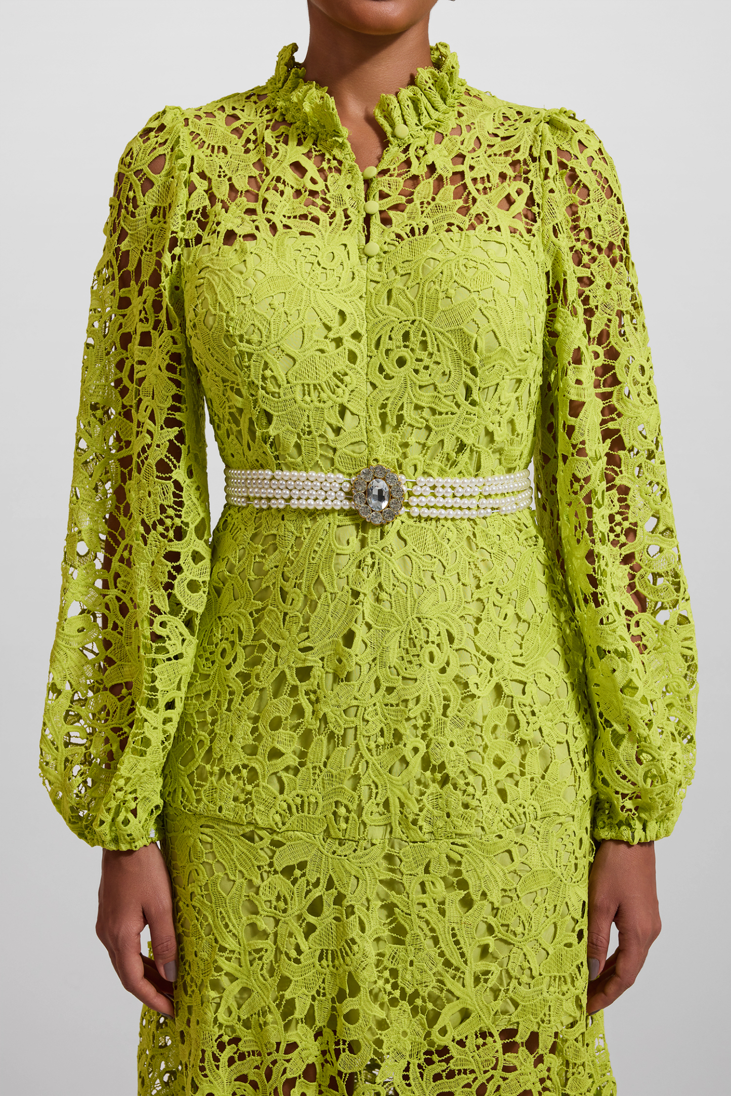 Lace Embroidered Long Sleeve Midi Dress Green