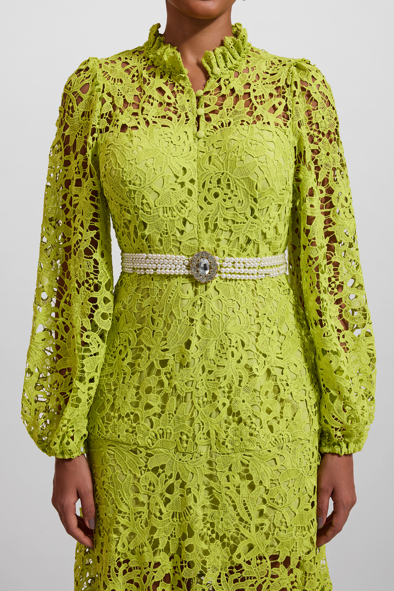 Lace Embroidered Long Sleeve Midi Dress Green