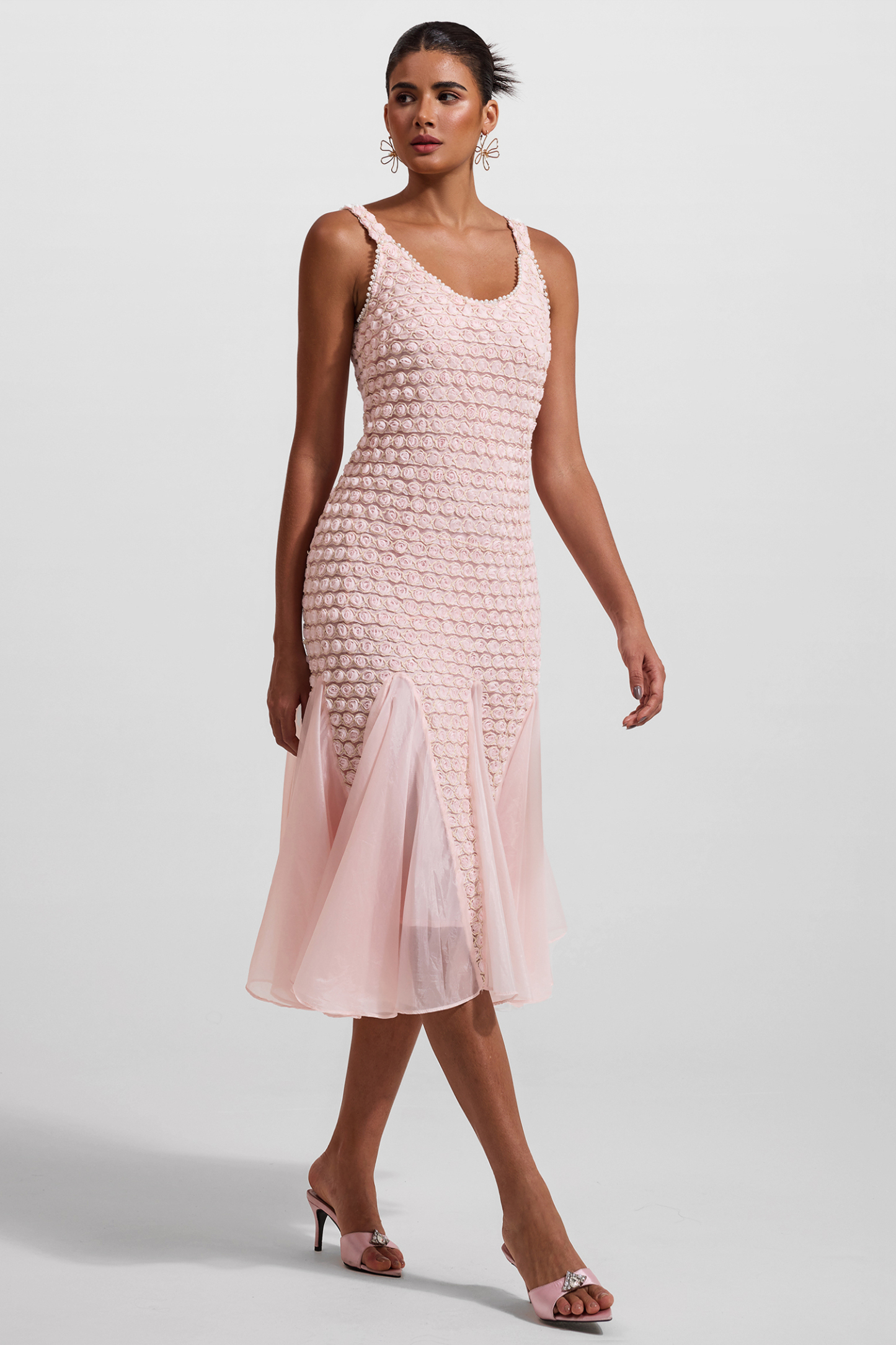 Embroidered Splicing Sleeveless Midi Dress
