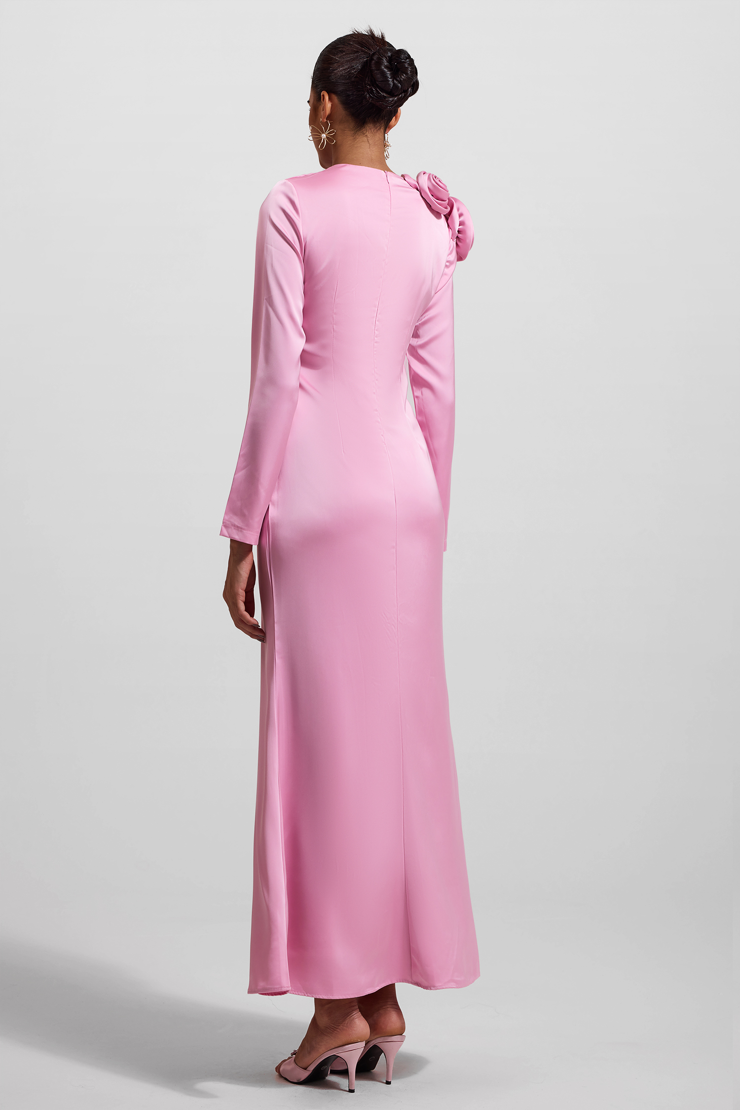 3D Floral Satin Long Sleeve Midi Dress