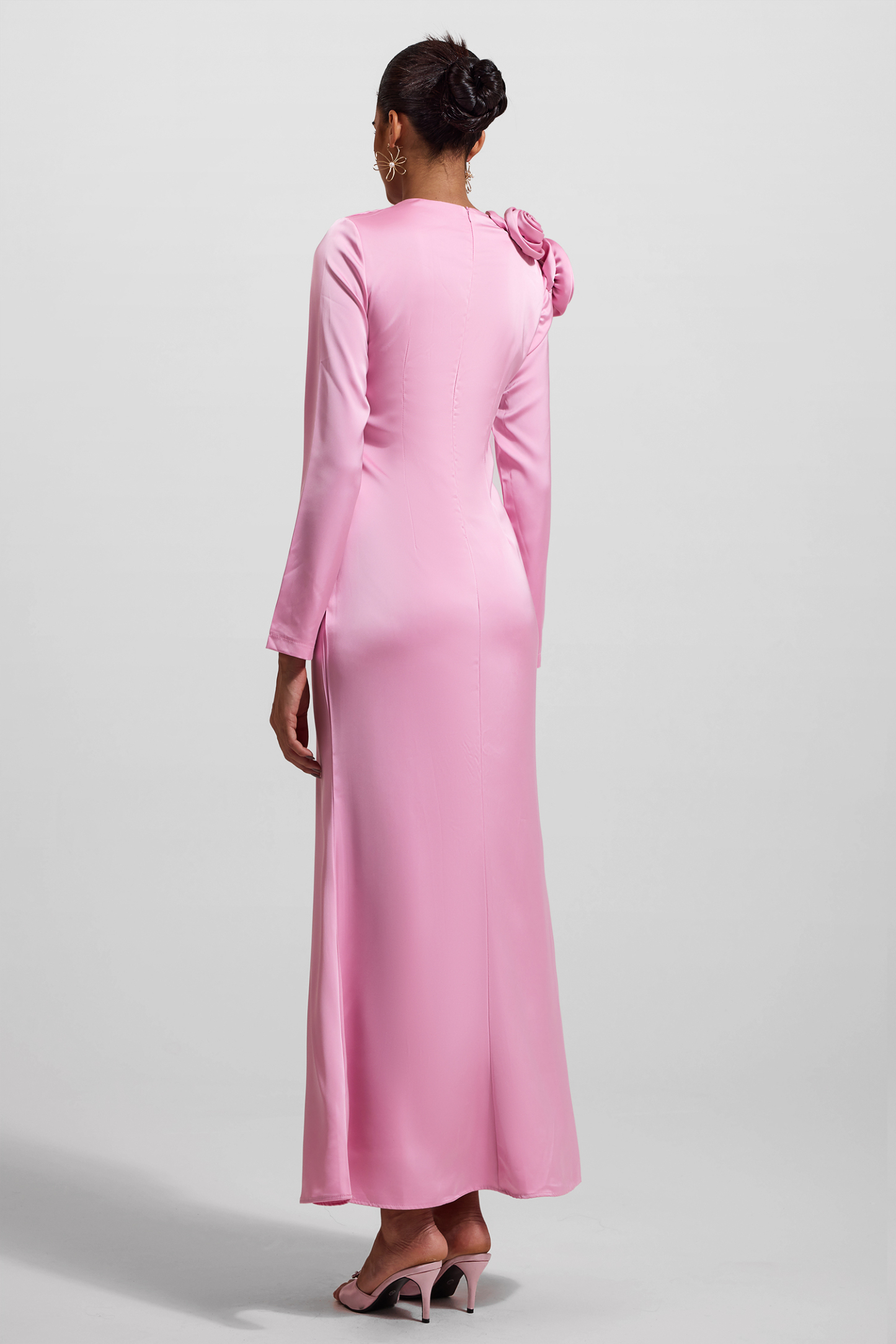 3D Floral Satin Long Sleeve Midi Dress