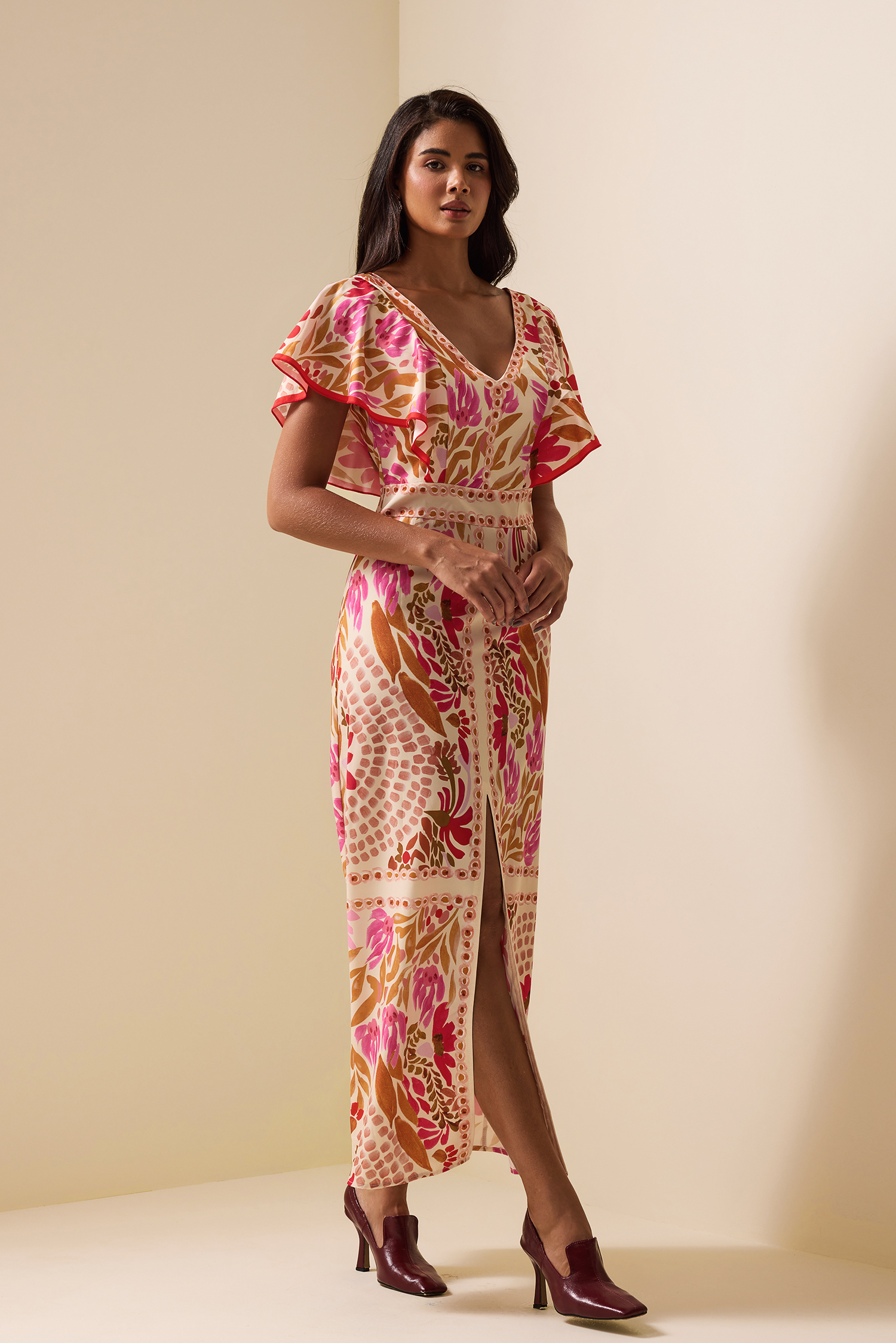 Floral V-Neck Split Backless Midi Dress