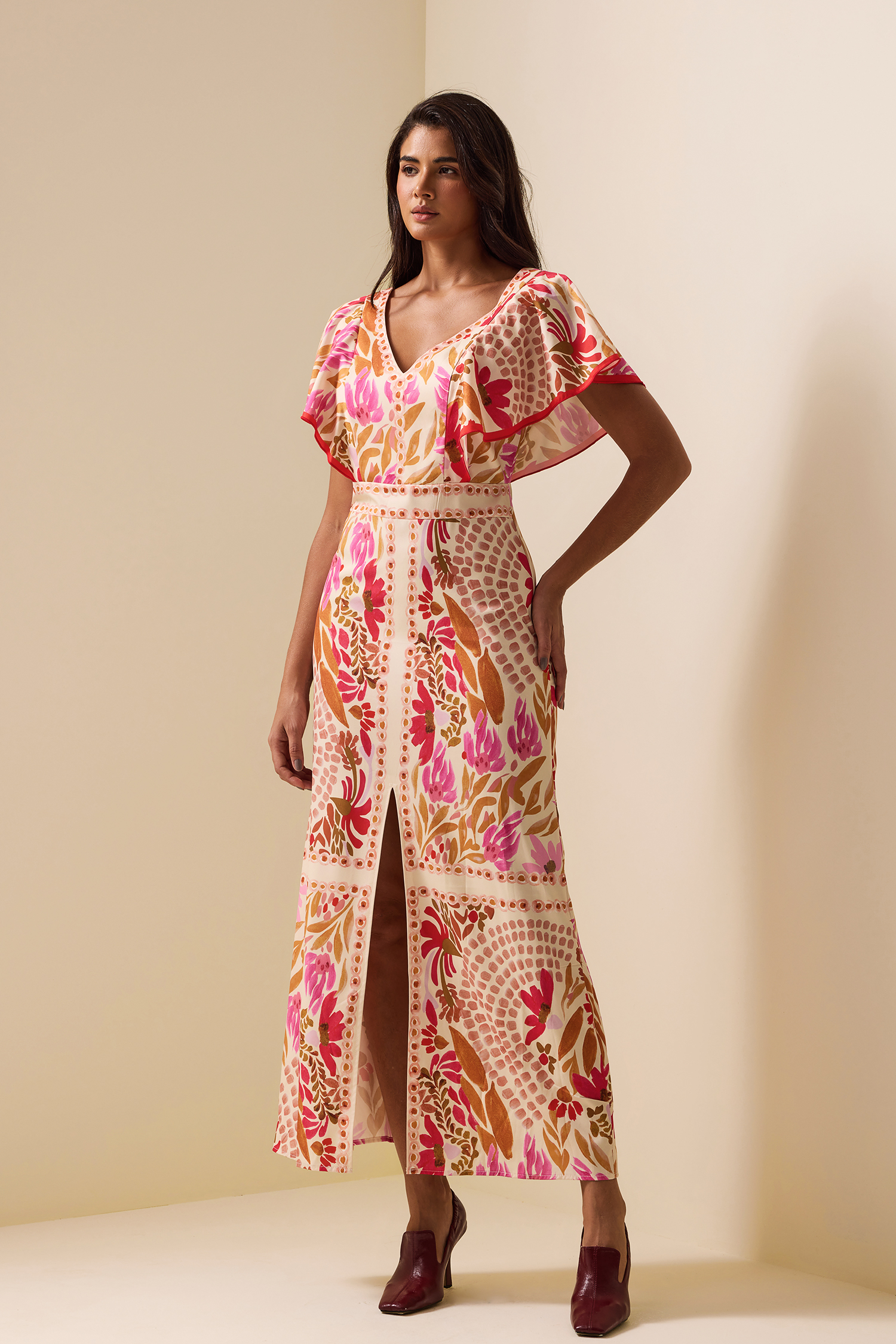 Floral V-Neck Split Backless Midi Dress
