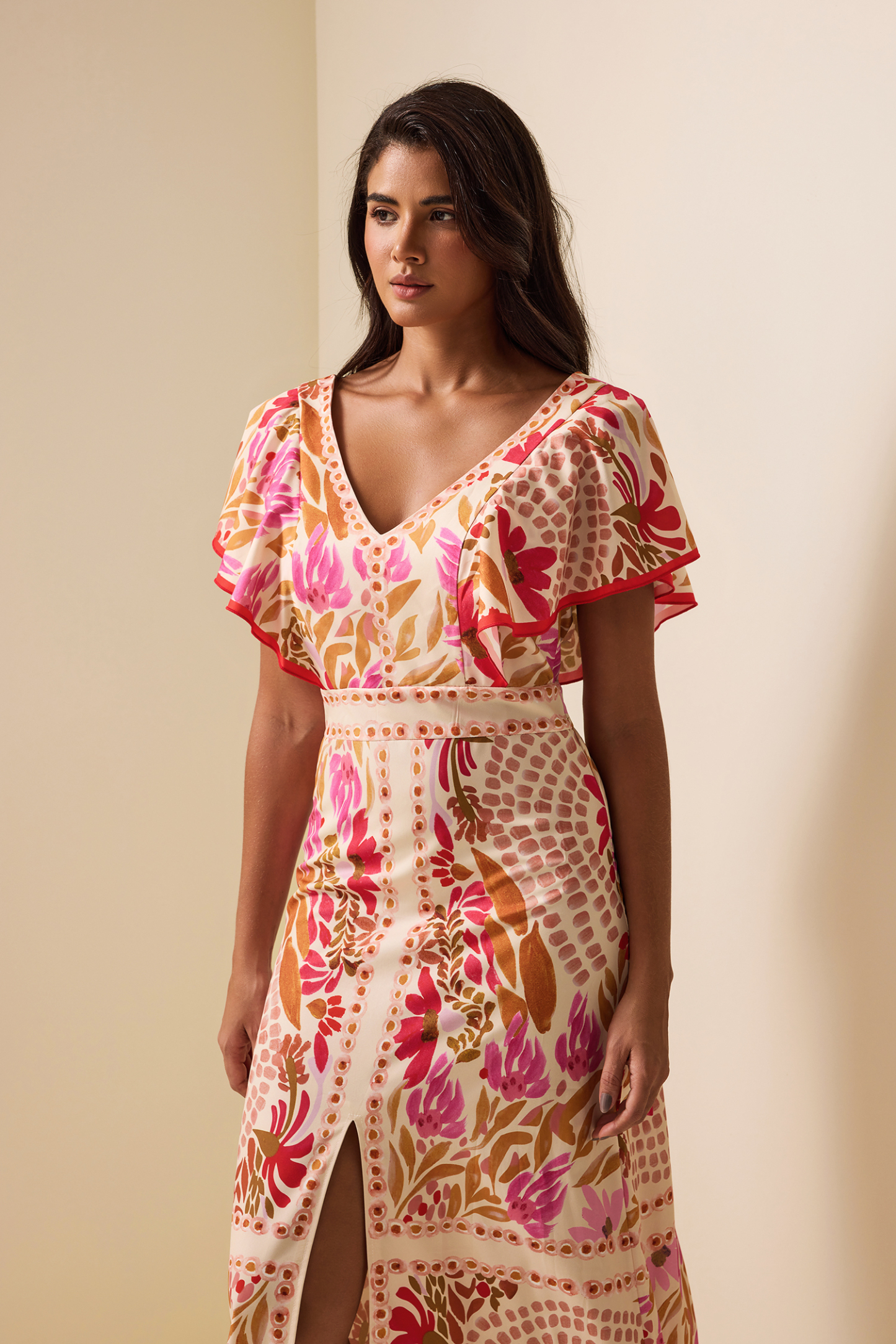 Floral V-Neck Split Backless Midi Dress