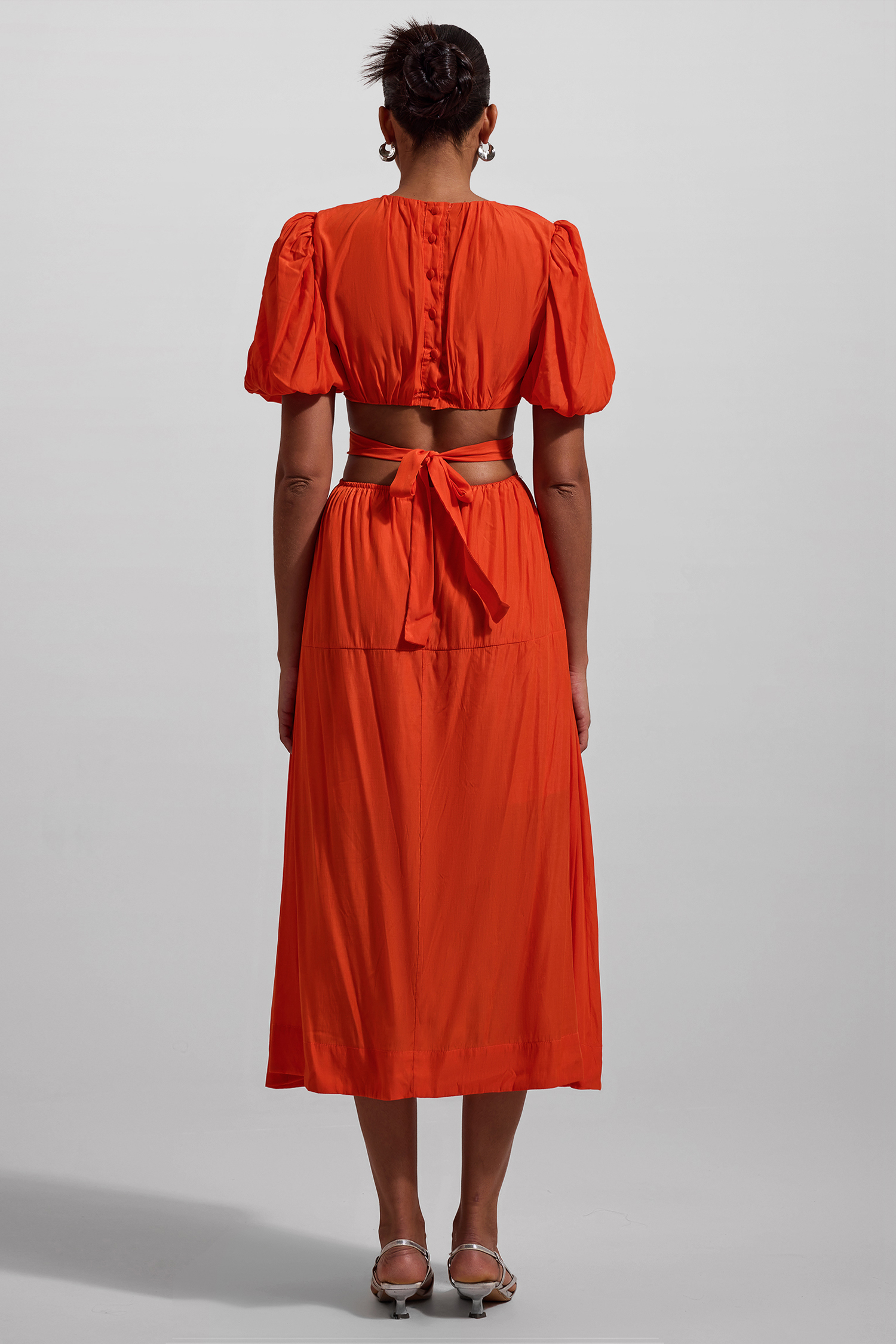 Solid Puff Sleeve Cut-Out Midi Dress