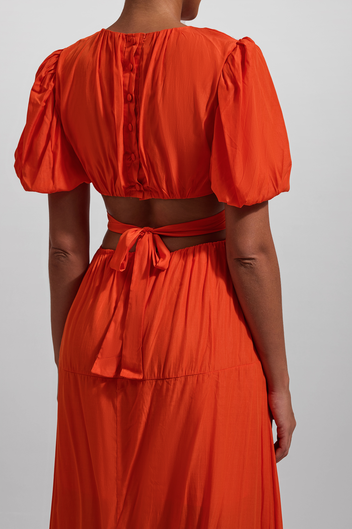 Solid Puff Sleeve Cut-Out Midi Dress
