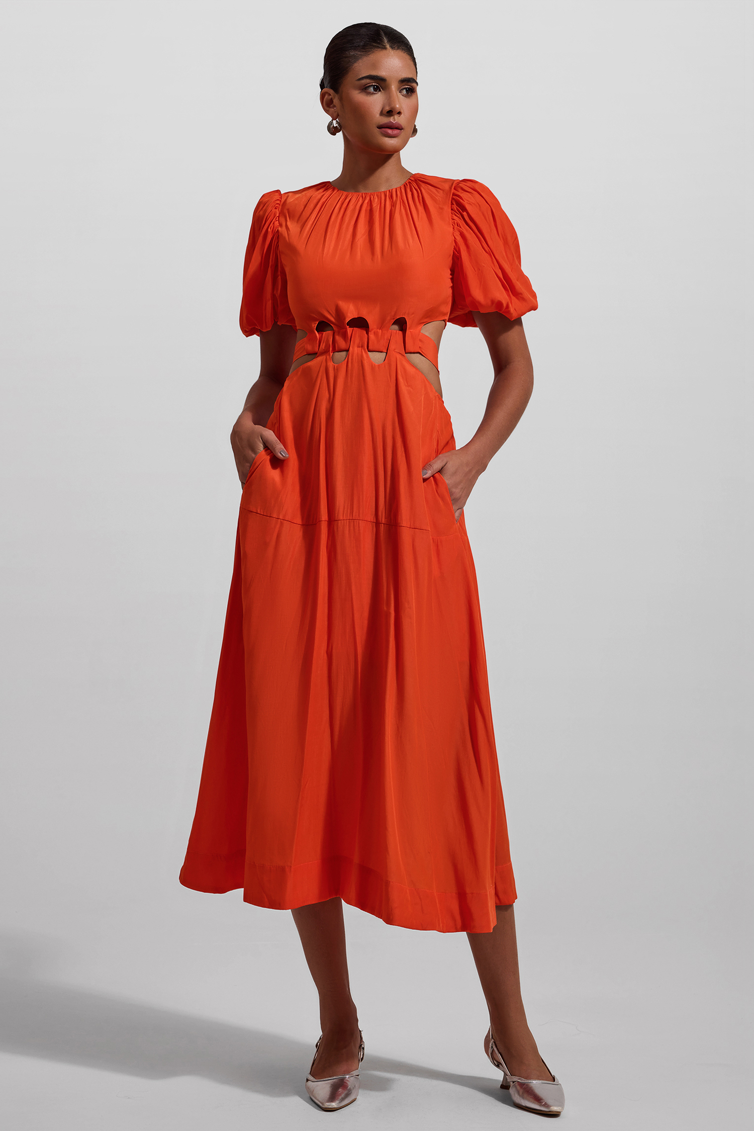 Solid Puff Sleeve Cut-Out Midi Dress