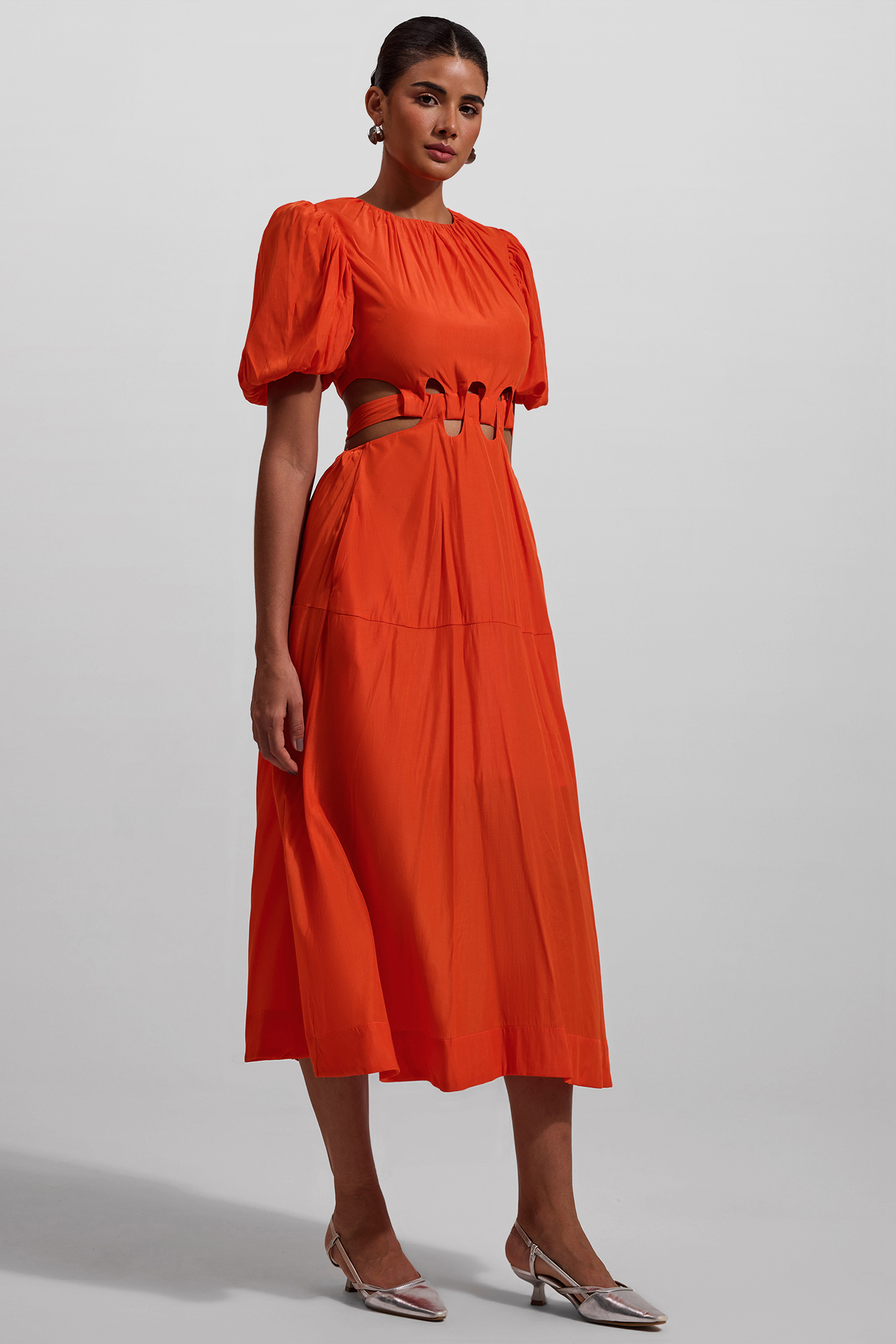Solid Puff Sleeve Cut-Out Midi Dress