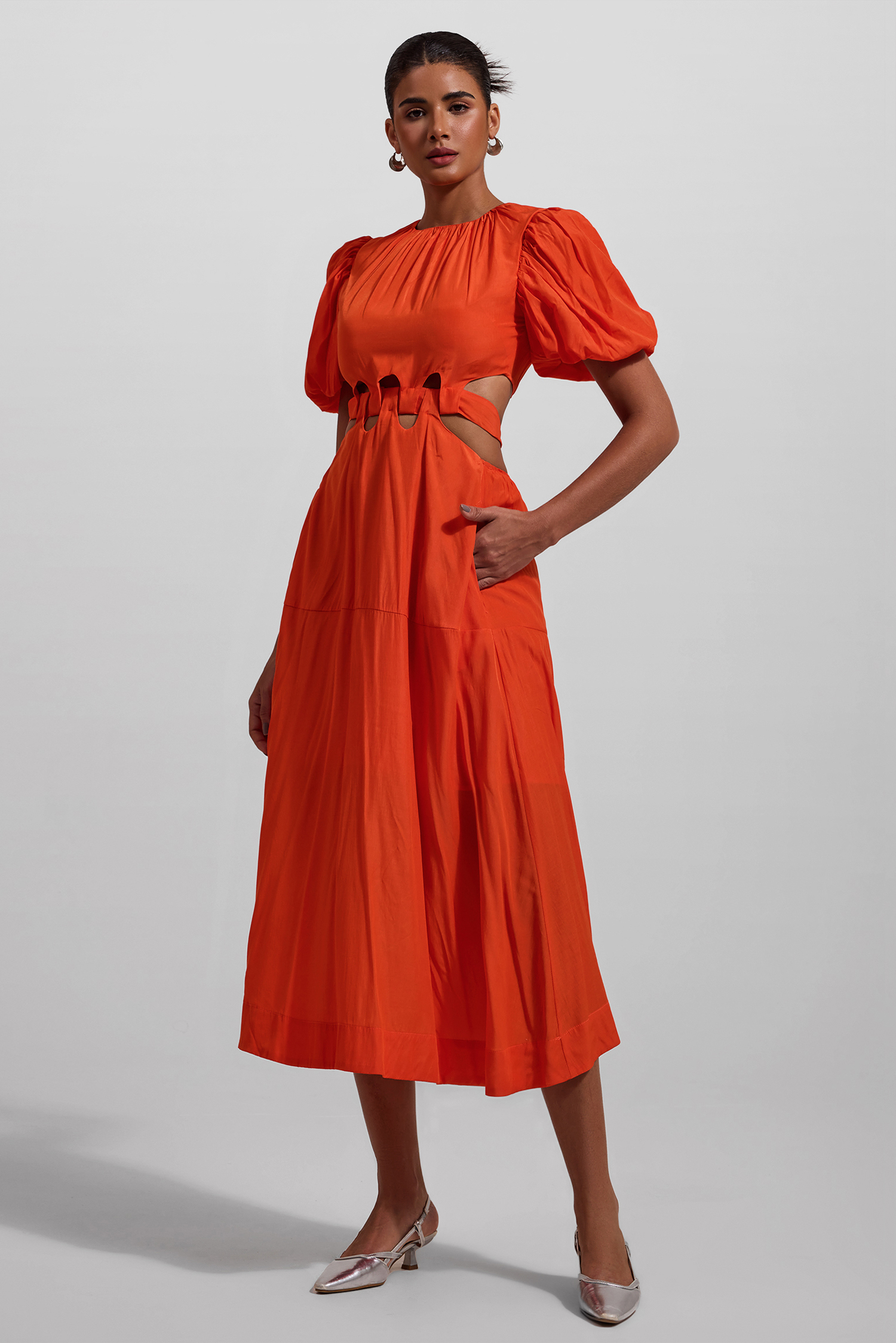 Solid Puff Sleeve Cut-Out Midi Dress
