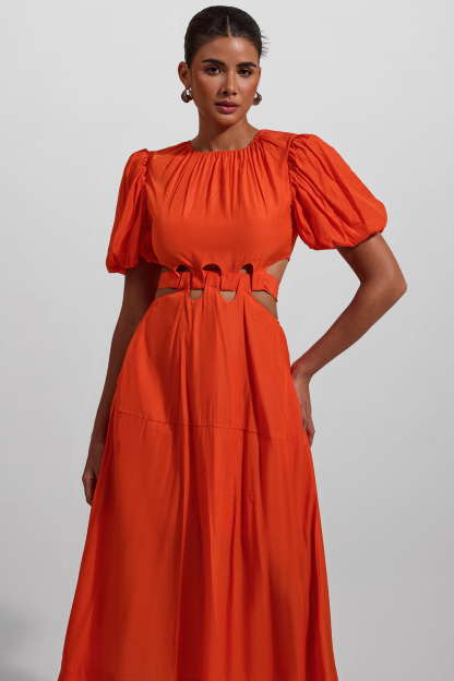 Solid Puff Sleeve Cut-Out Midi Dress