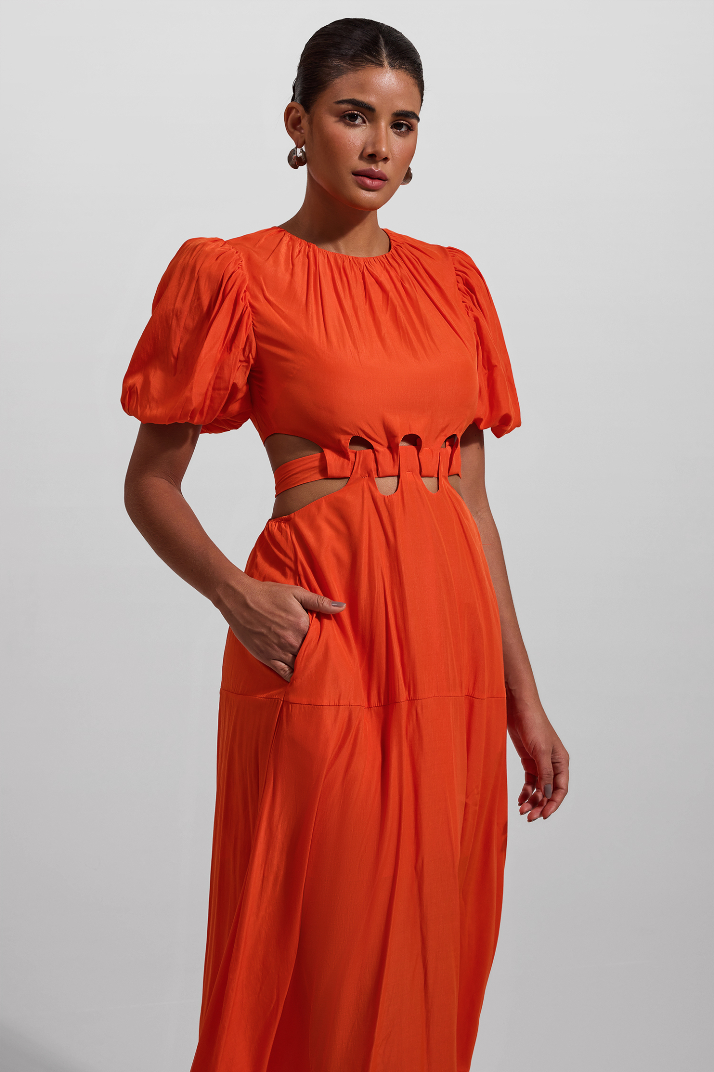 Solid Puff Sleeve Cut-Out Midi Dress