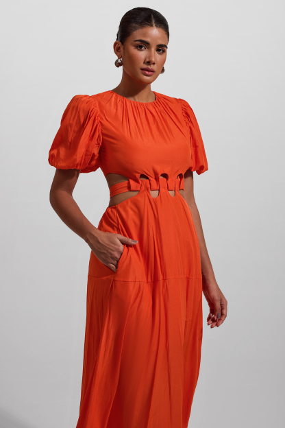 Solid Puff Sleeve Cut-Out Midi Dress