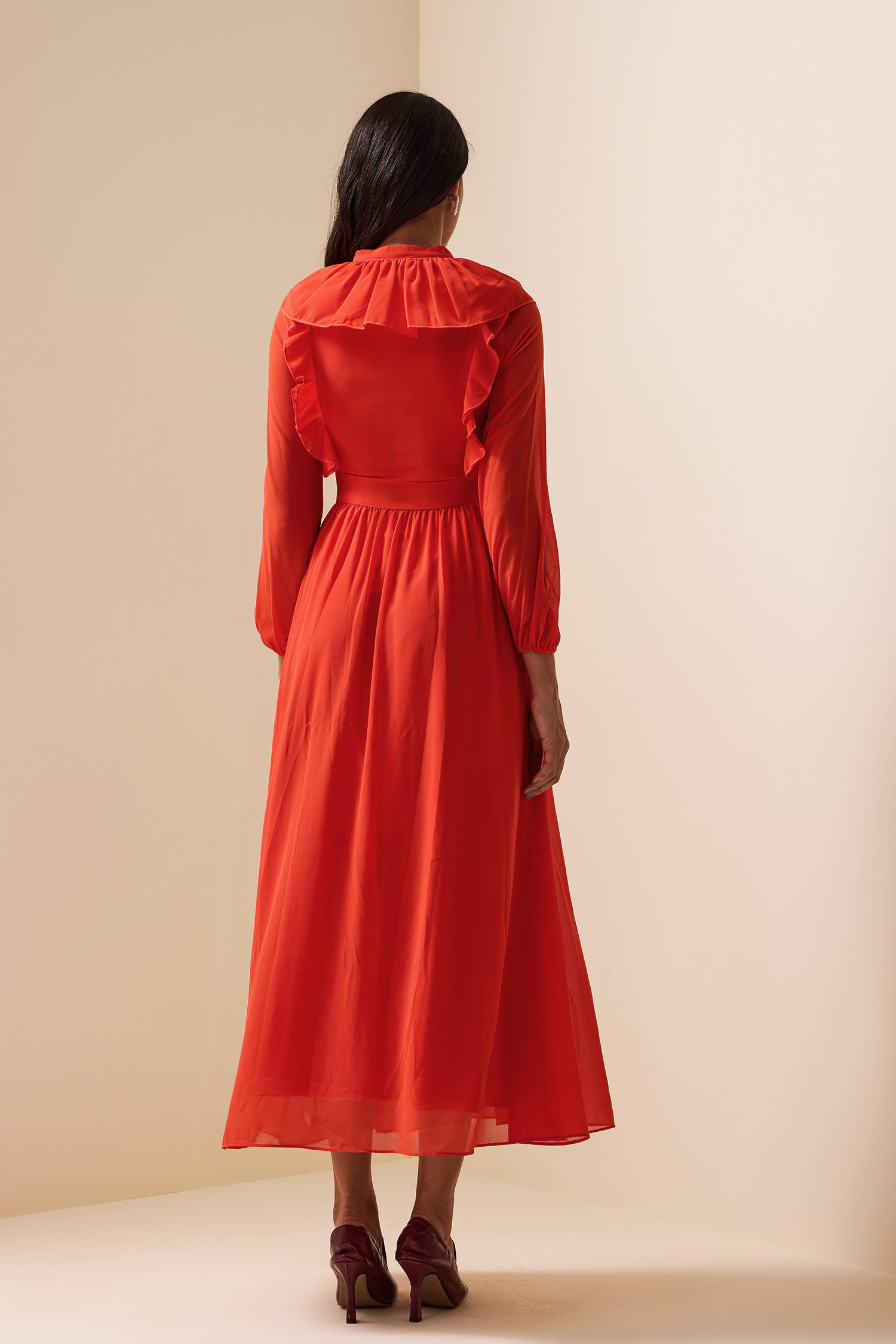 Lace Up Frill Lantern Sleeve Midi Dress