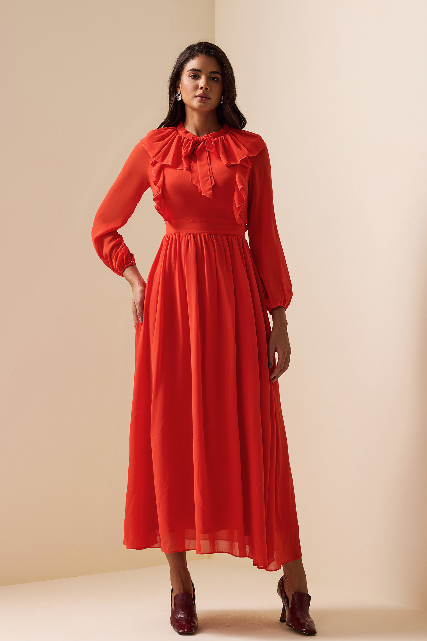 Lace Up Frill Lantern Sleeve Midi Dress