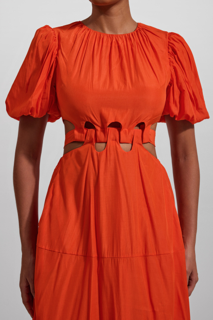 Solid Puff Sleeve Cut-Out Midi Dress