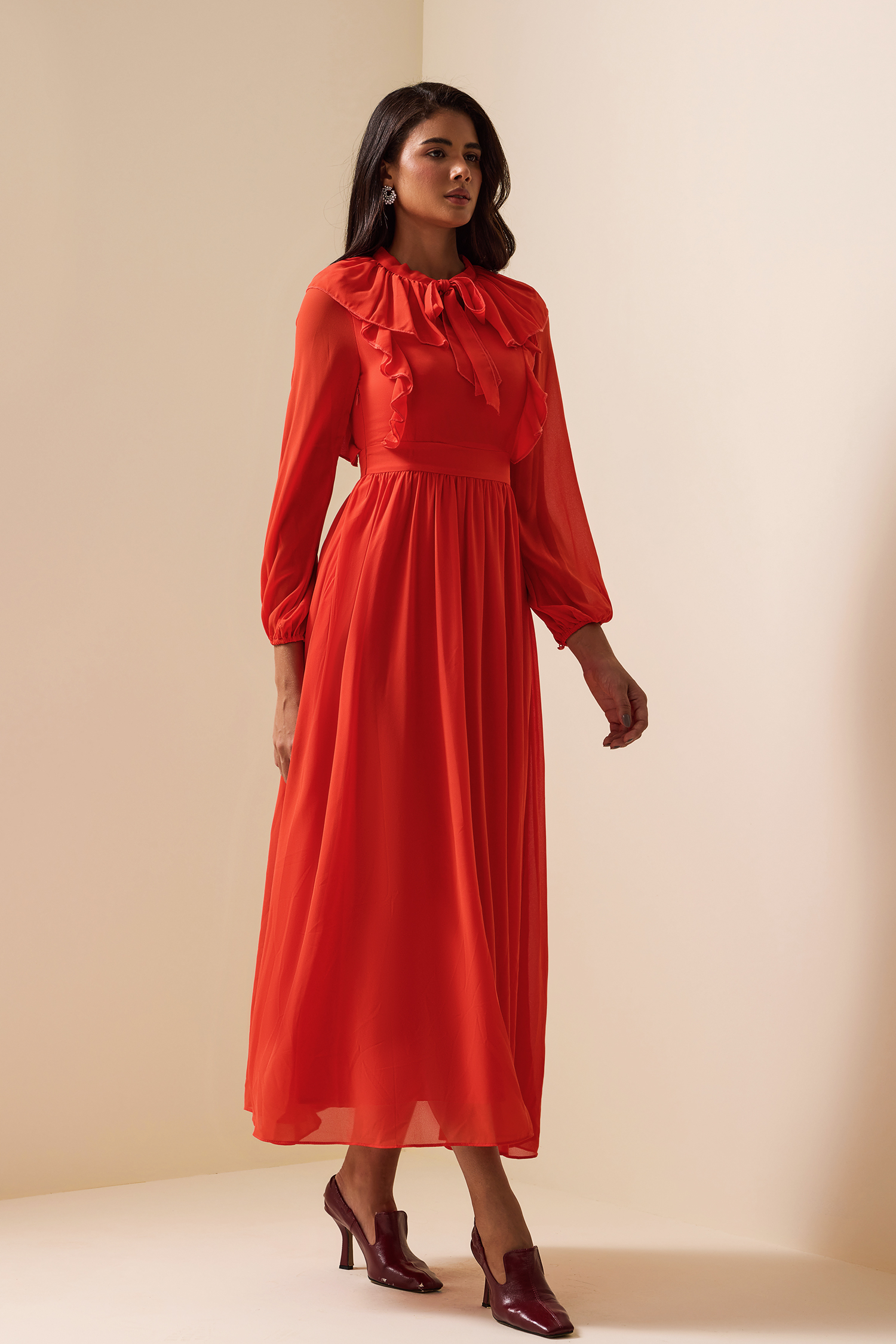 Lace Up Frill Lantern Sleeve Midi Dress