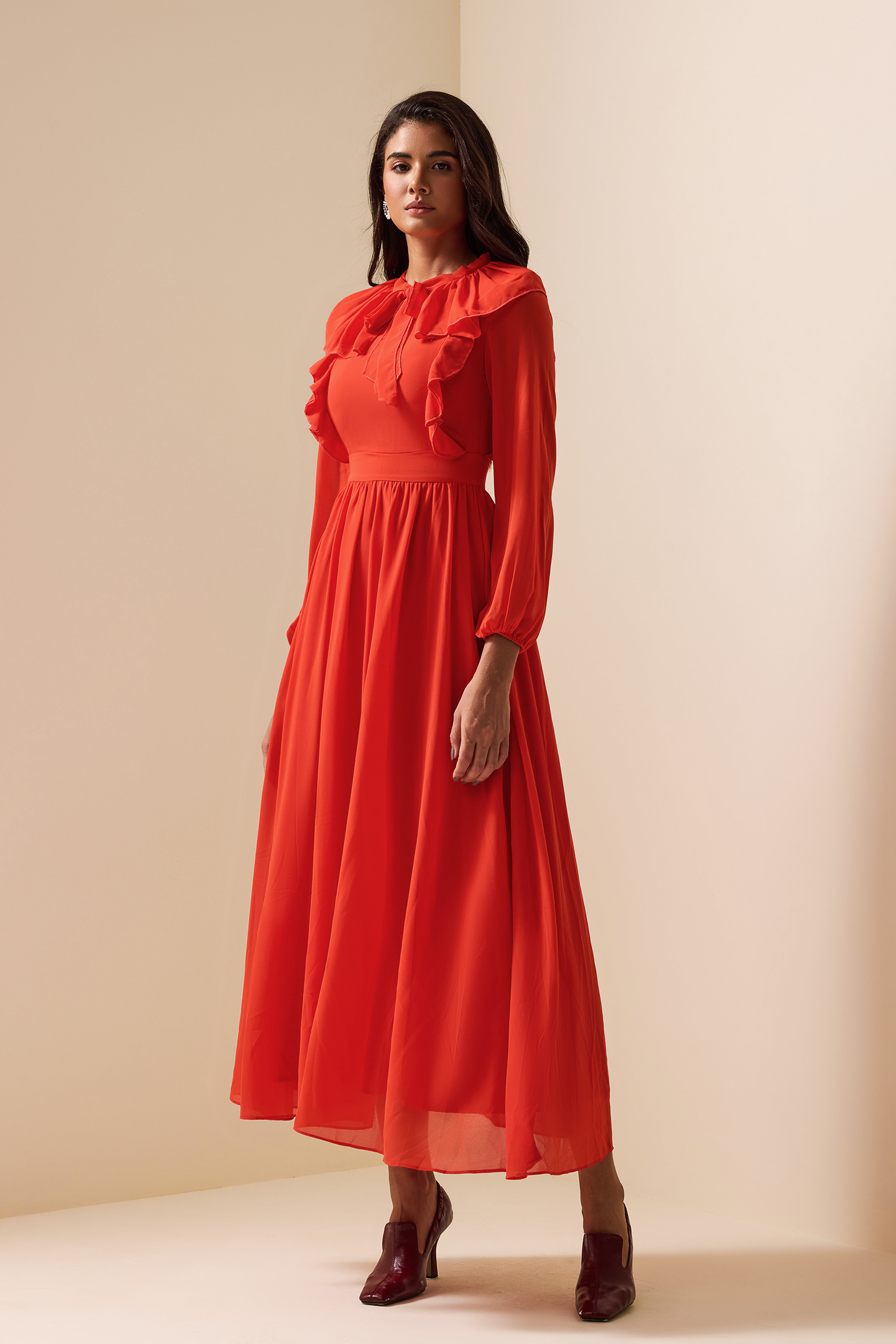 Lace Up Frill Lantern Sleeve Midi Dress