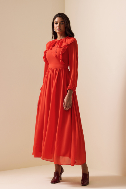 Lace Up Frill Lantern Sleeve Midi Dress