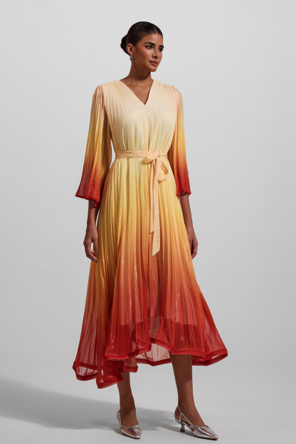 Gradient Color Lurex Ball Sleeve Midi Dress