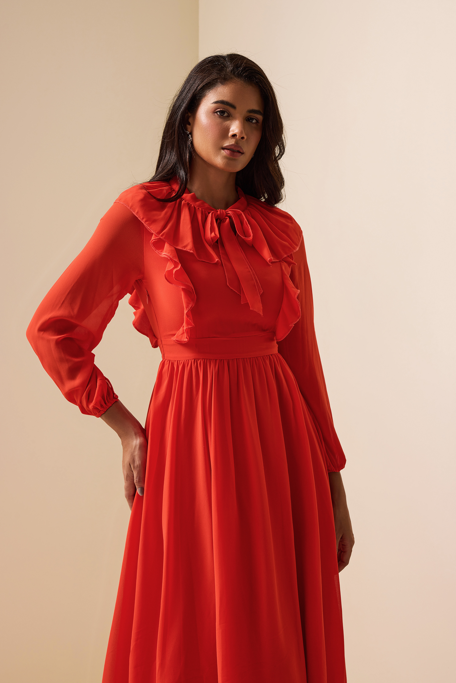 Lace Up Frill Lantern Sleeve Midi Dress