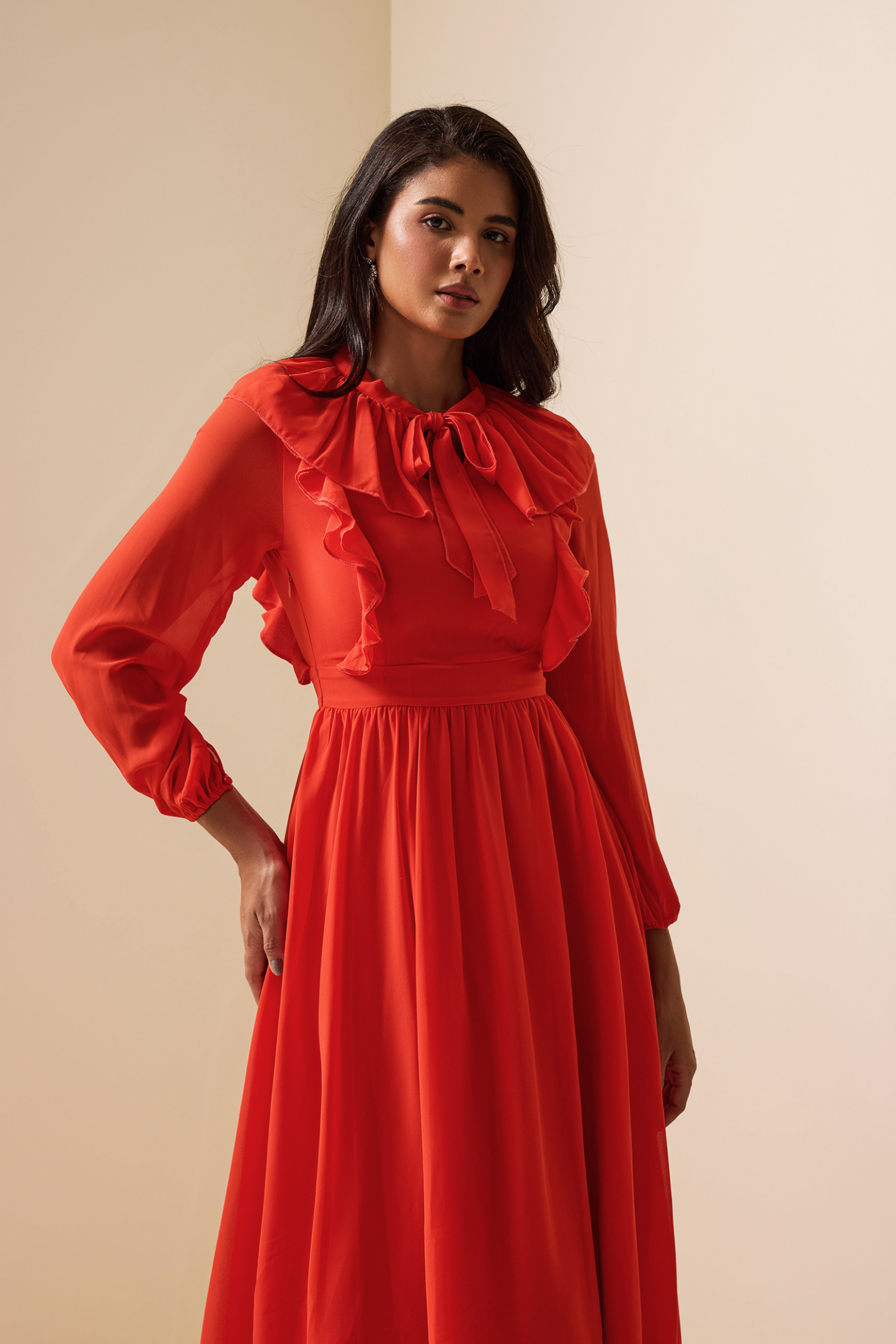 Lace Up Frill Lantern Sleeve Midi Dress