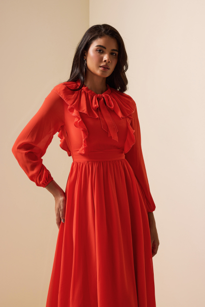 Lace Up Frill Lantern Sleeve Midi Dress