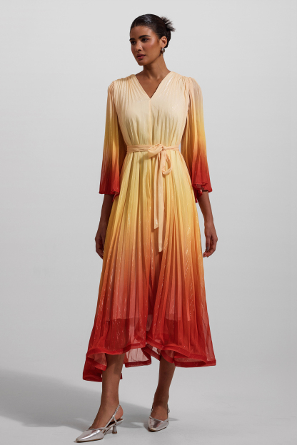 Gradient Color Lurex Ball Sleeve Midi Dress