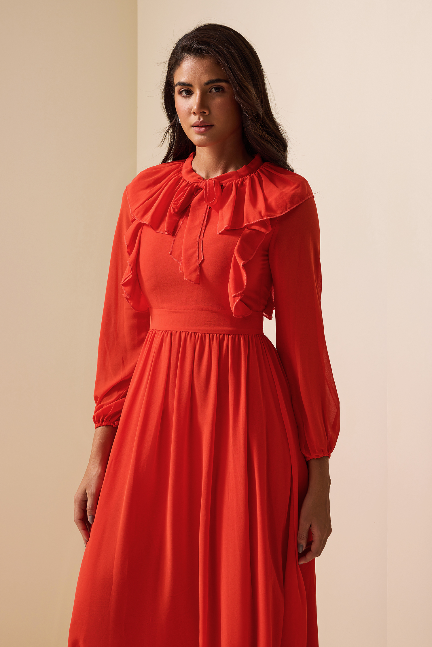 Lace Up Frill Lantern Sleeve Midi Dress