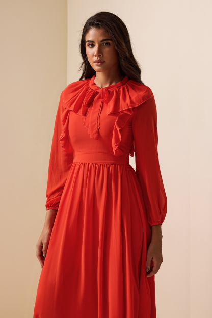 Lace Up Frill Lantern Sleeve Midi Dress