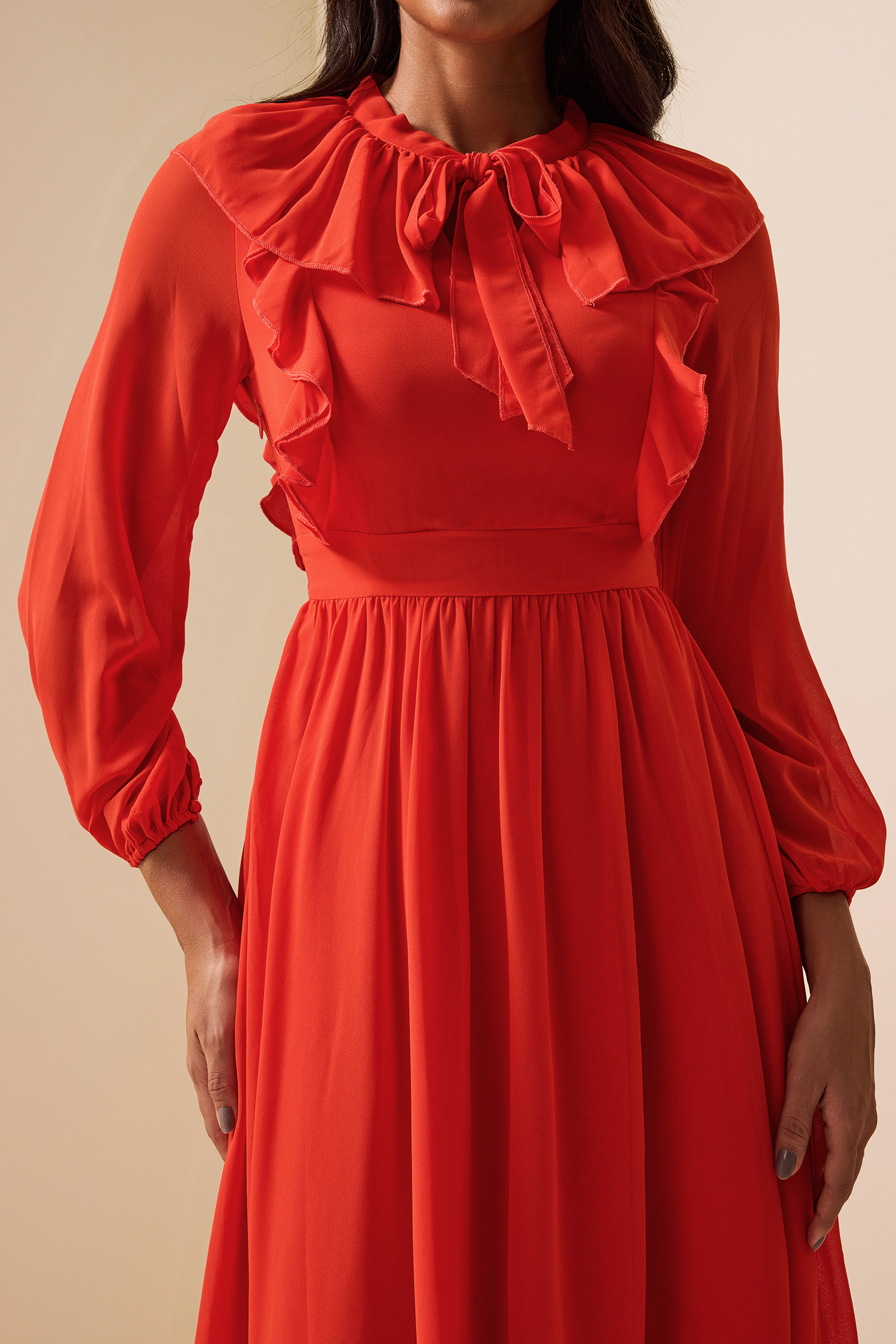 Lace Up Frill Lantern Sleeve Midi Dress
