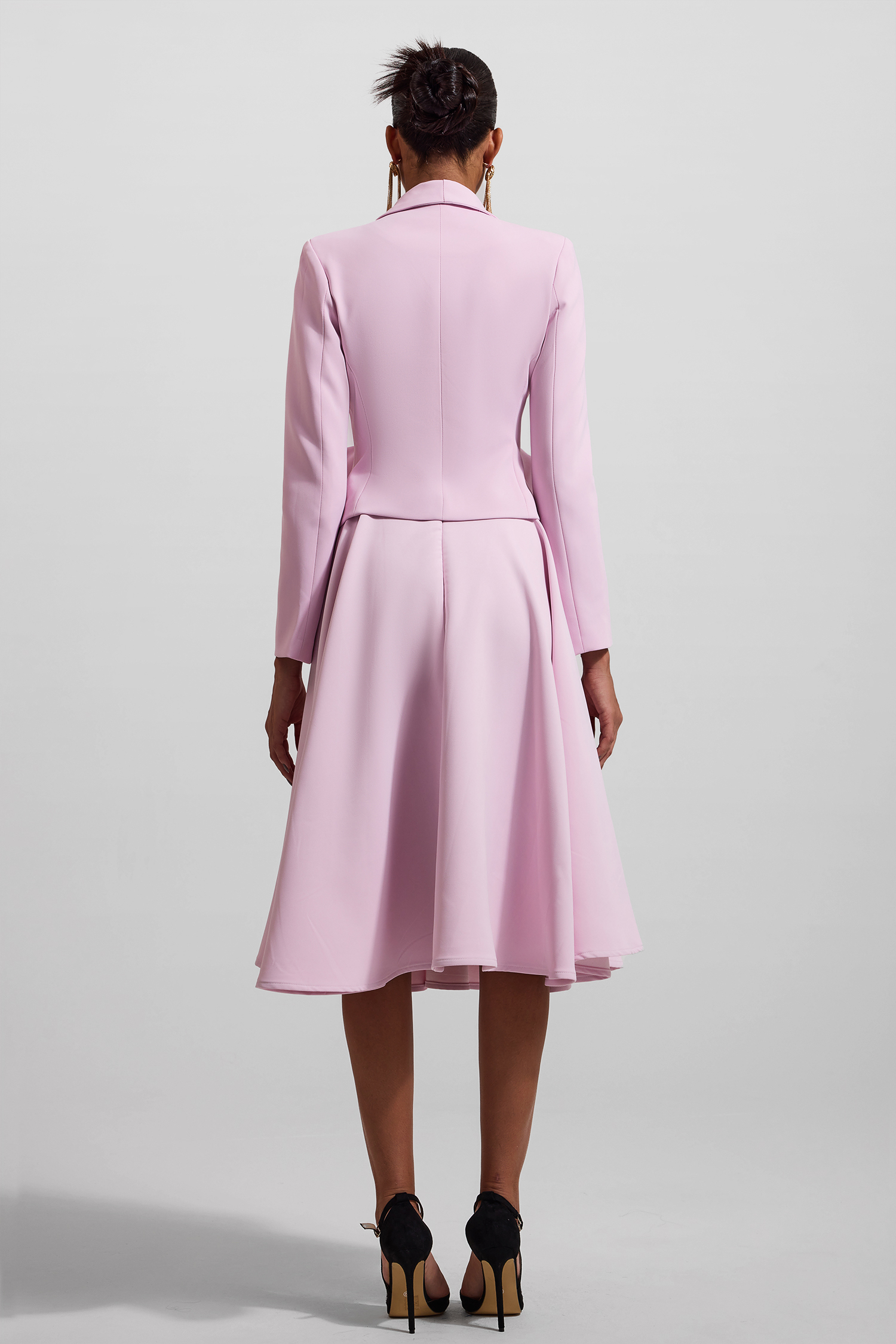 3D Floral Solid Blazer ＆ High Waist Solid Midi Skirt Set