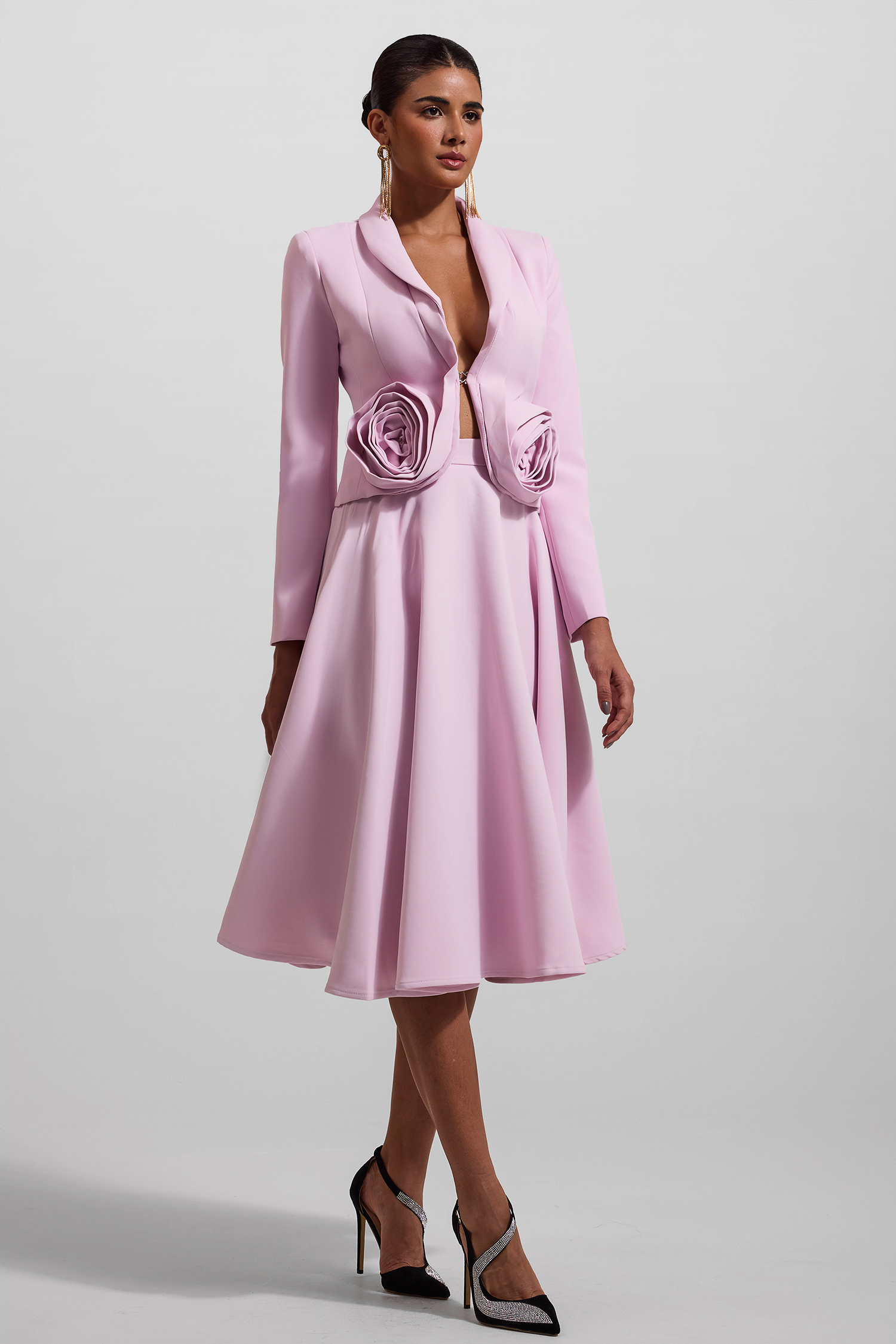 3D Floral Solid Blazer ＆ High Waist Solid Midi Skirt Set