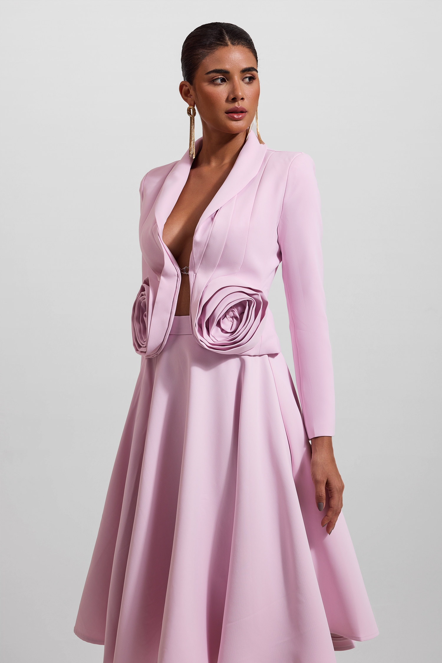 3D Floral Solid Blazer ＆ High Waist Solid Midi Skirt Set