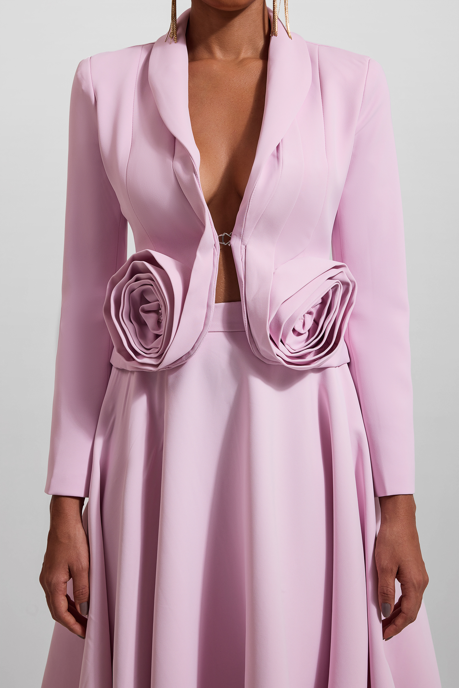 3D Floral Solid Blazer ＆ High Waist Solid Midi Skirt Set