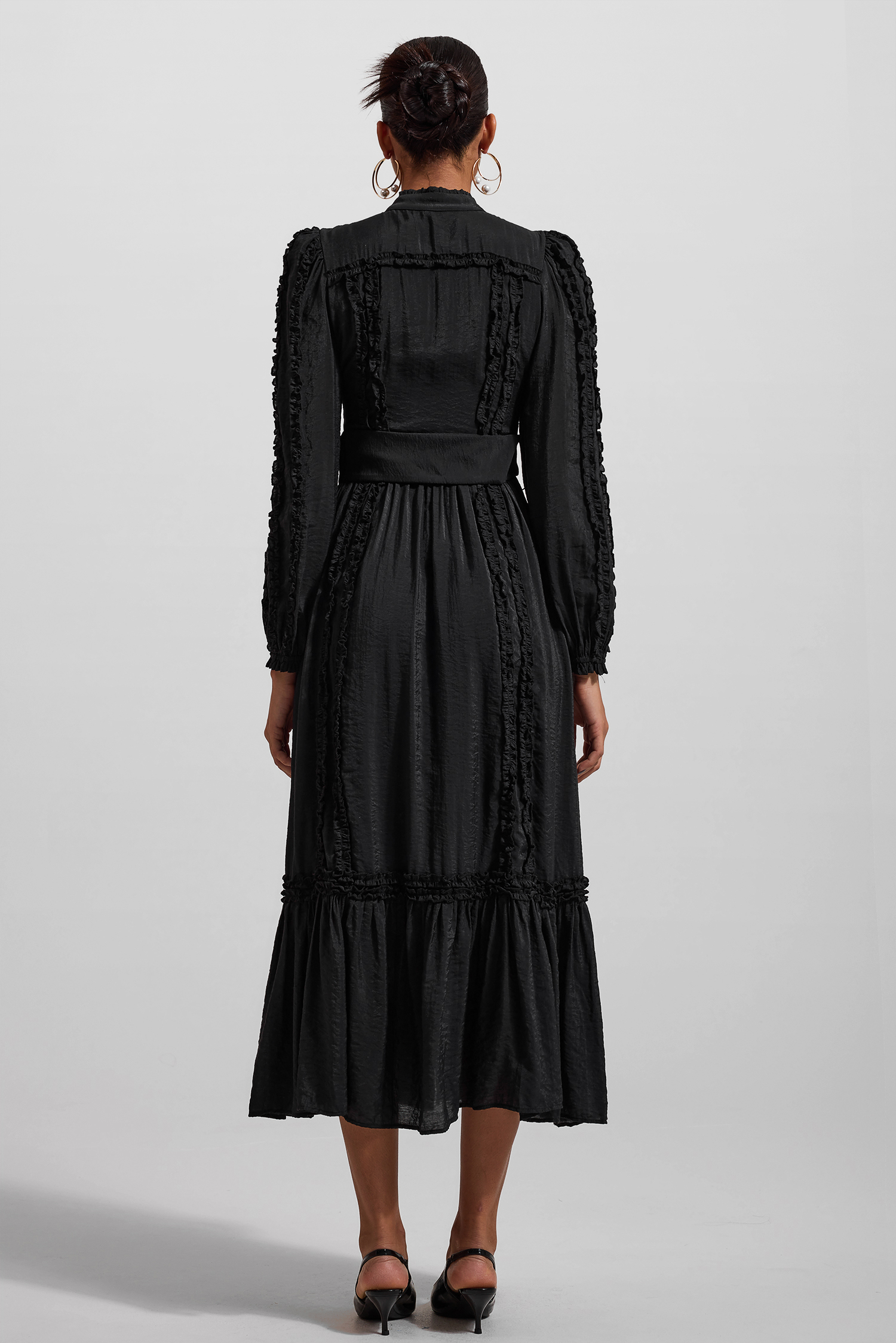Solid Lantern Sleeve Stand Collar Midi Dress